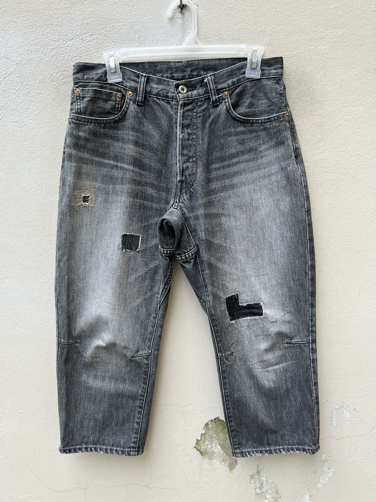 Sanca Japan Distressed Patchwork Fade Denim Cropped Jeans