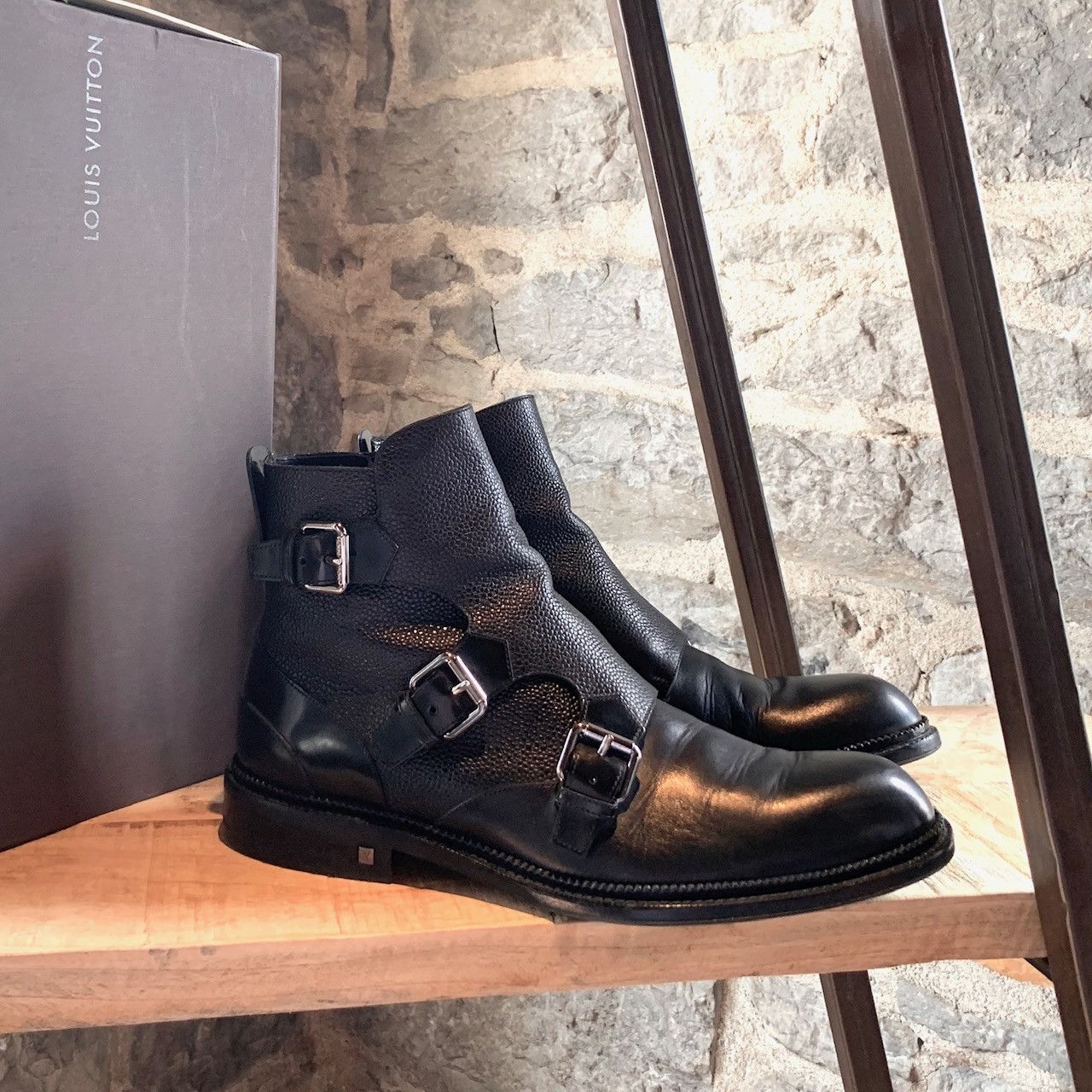 LOUIS VUITTON Size 6.5 Black Patches Leather Metropolis Ranger Boots 