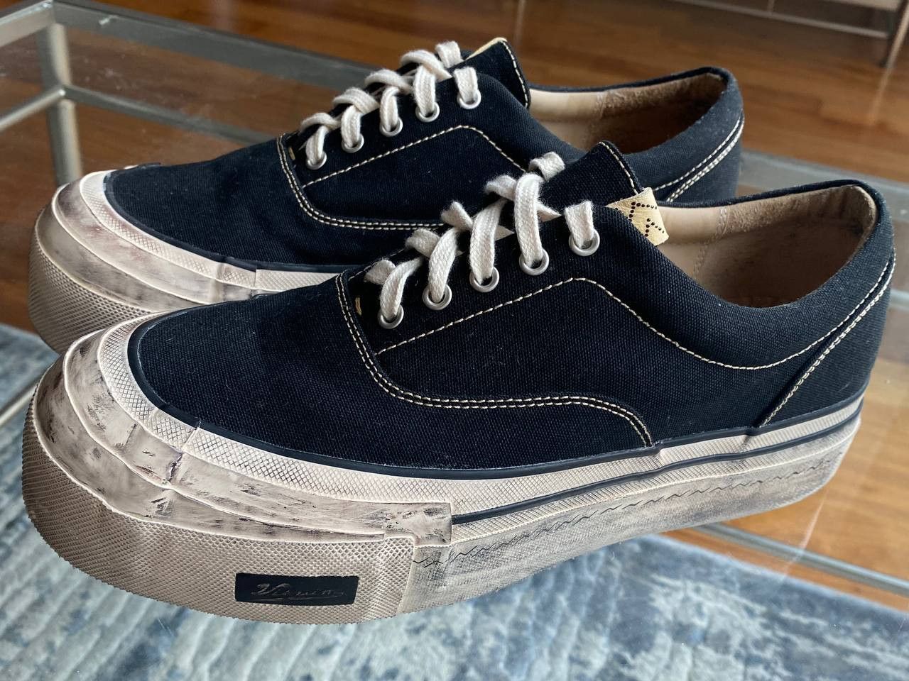image of Visvim Logan Deck Ii G.patten Distressed Canvas Sneakers in Black, Men's (Size 10)