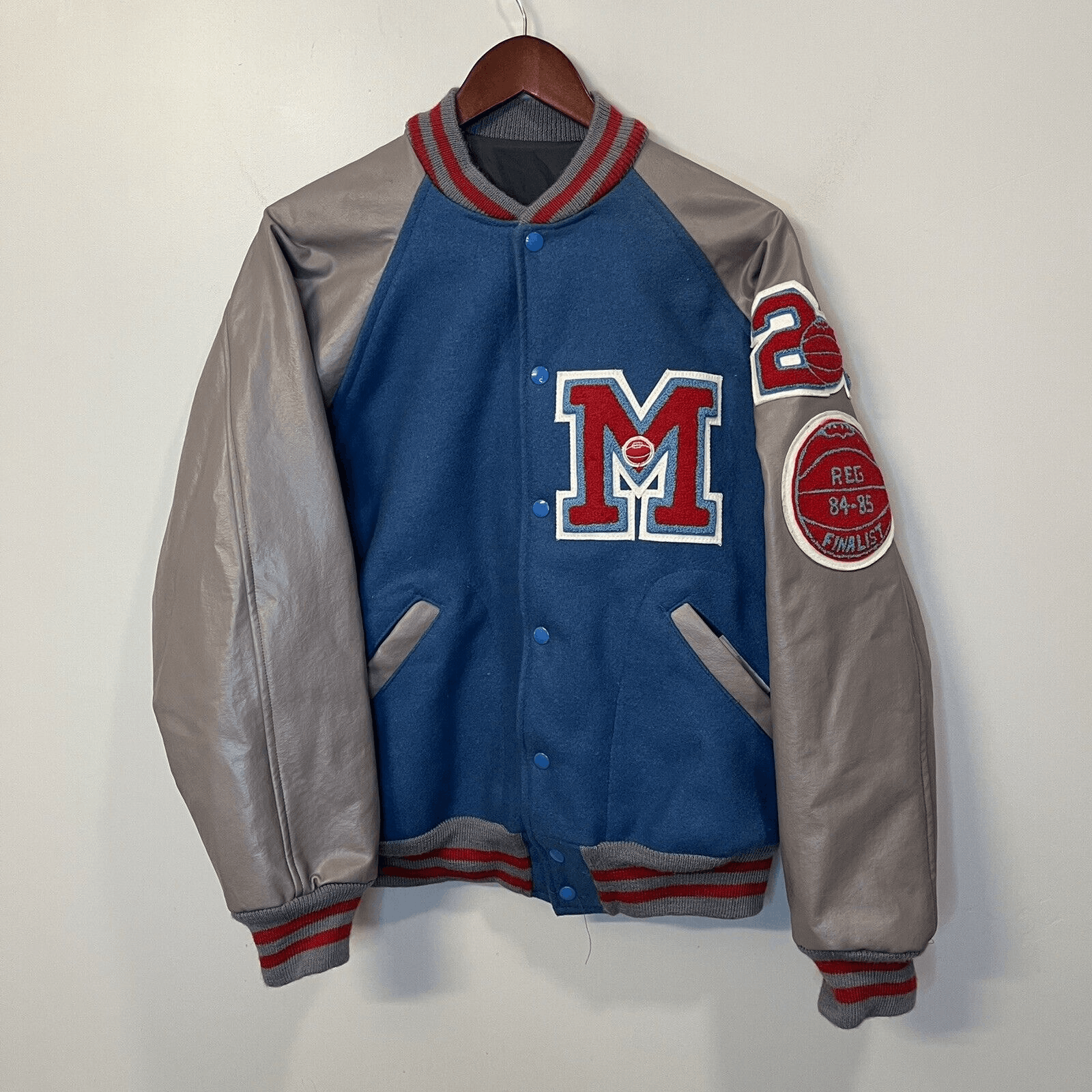 VTG 90s RED & BLUE LEATHER DISPLAY VARSITY JACKET OVERSIZED LETTERMAN L 44