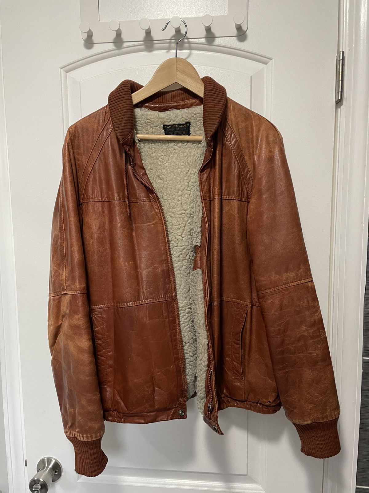 Vintage Beige Tan Fleece-Lined Leather Bomber Jacket Size US M / EU 48-50 / 2 - 1 Thumbnail
