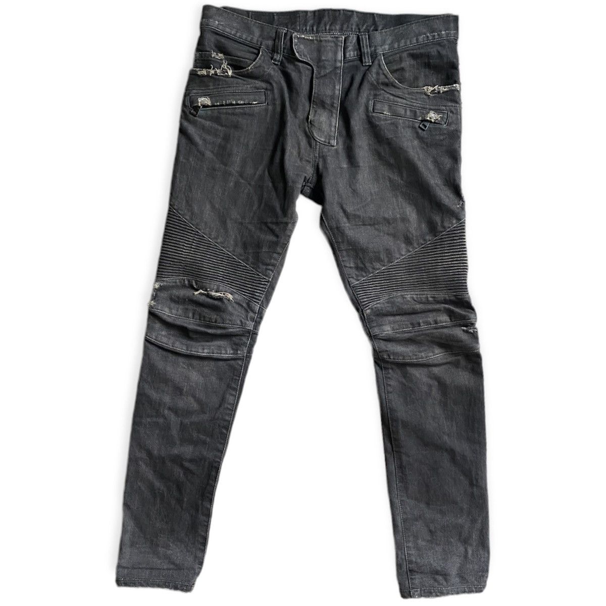 Balmain Black Wash Ripped Knee Biker Jeans