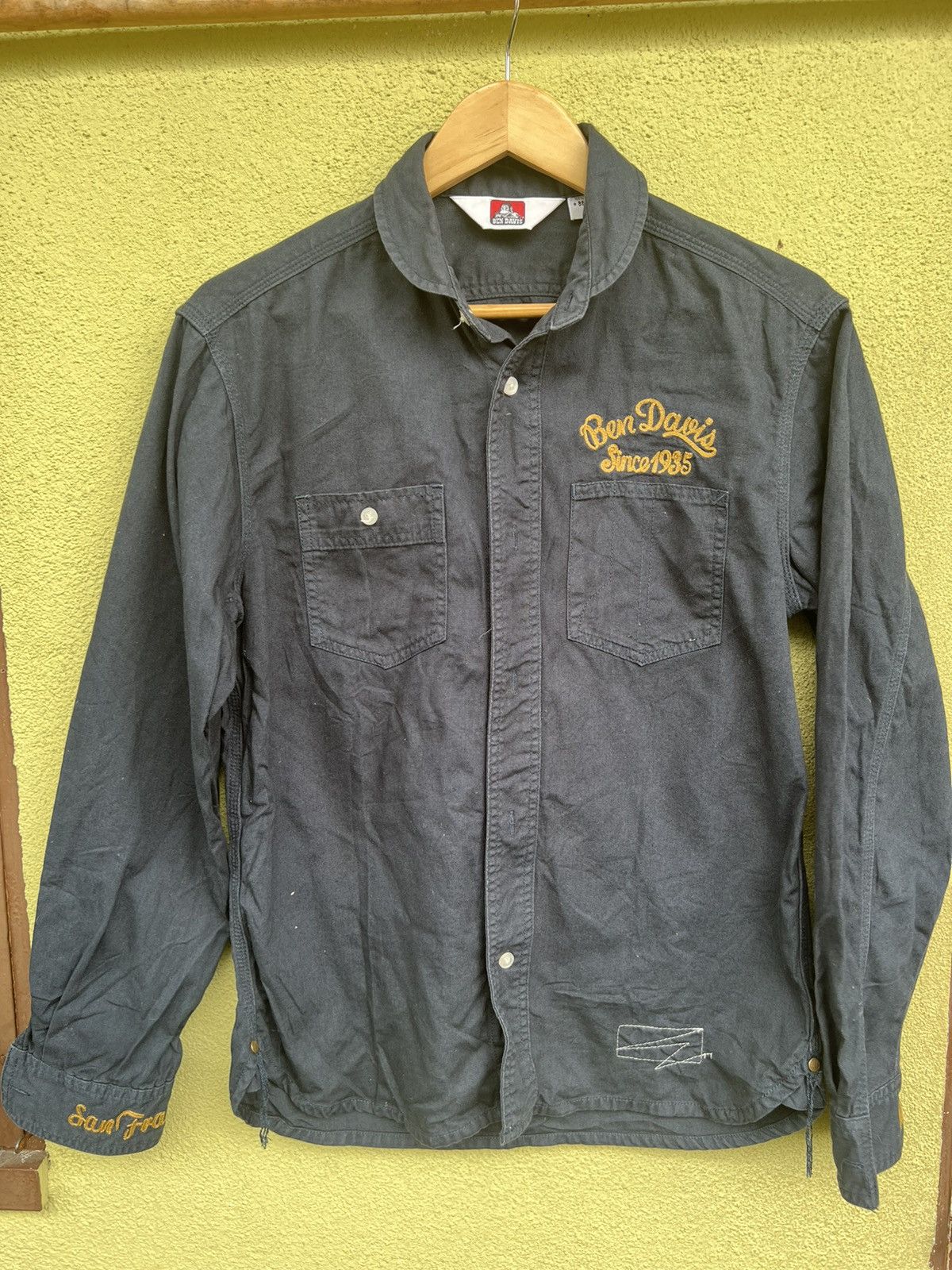 image of Archival Clothing x Ben Davis Button Up Shirt Streetwear Embroidery Logo in Blue (Size Medium)