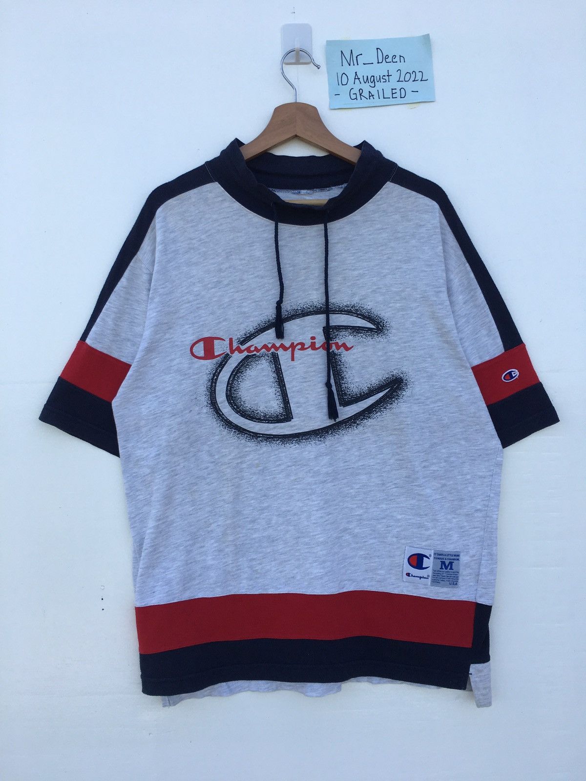 image of 90's Champion Big Logo Streetwear Tshirt in Grey, Men's (Size Large)