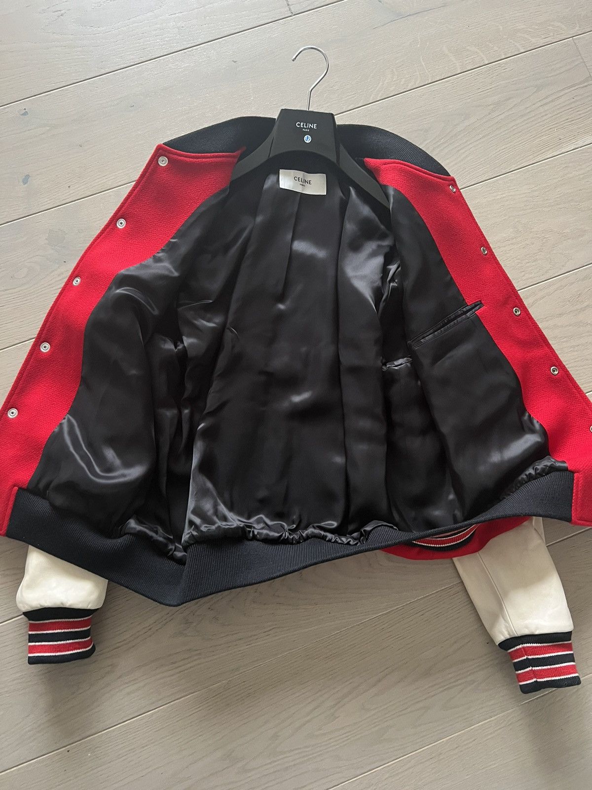 Celine × Hedi Slimane Celine FW22 red wool & leather Teddy Varsity Bomber jacket Size US M / EU 48-50 / 2 - 4 Thumbnail