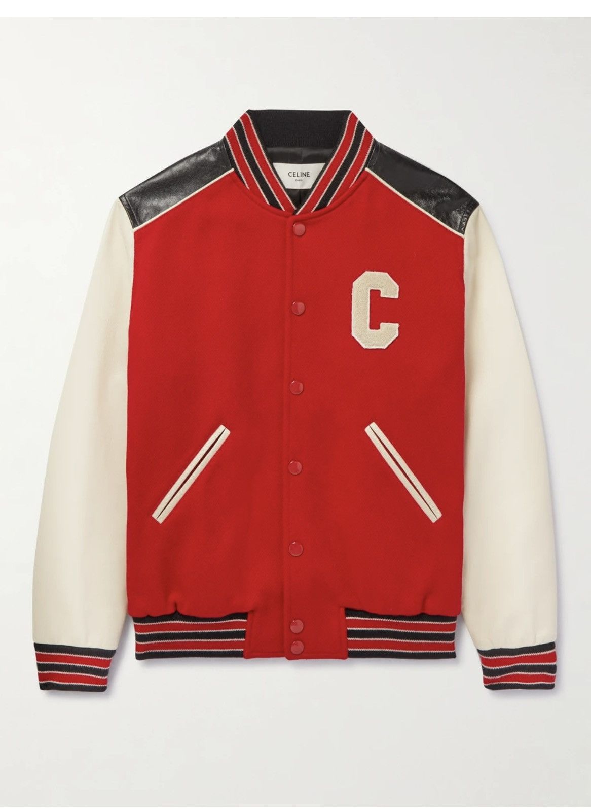 Celine × Hedi Slimane Celine FW22 red wool & leather Teddy Varsity Bomber jacket Size US M / EU 48-50 / 2 - 11 Thumbnail