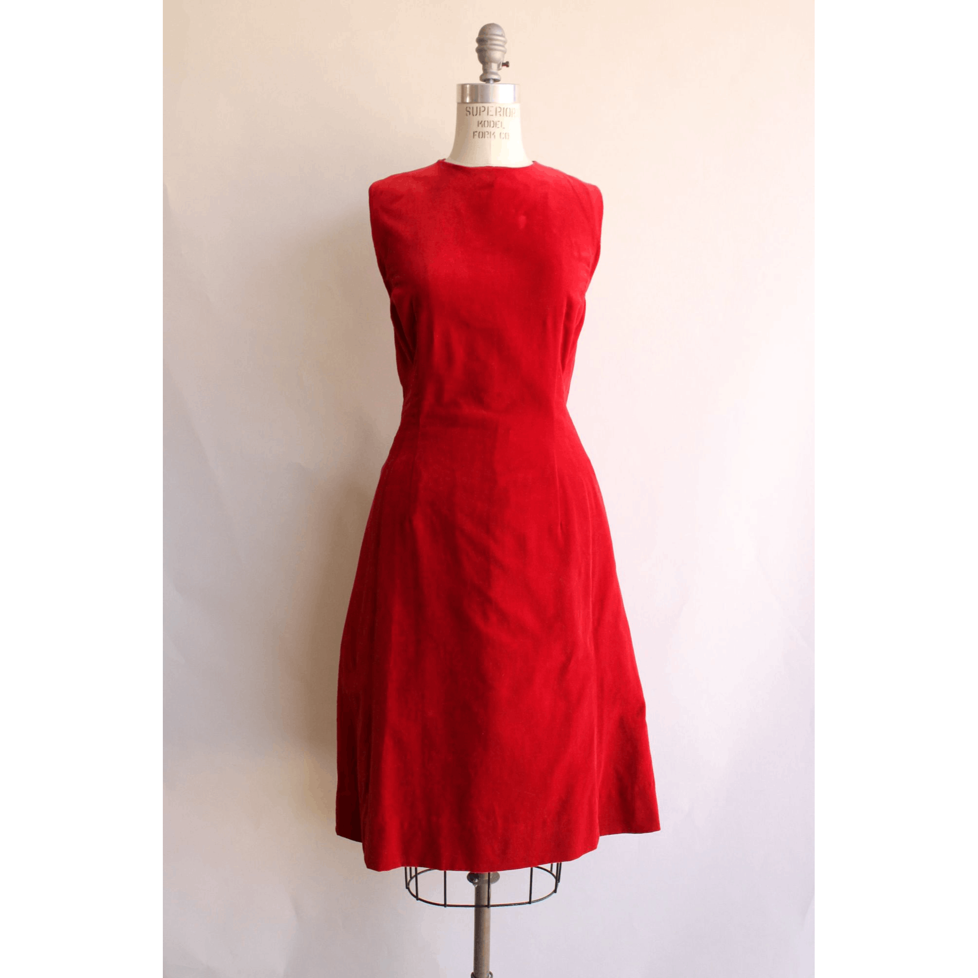 Vintage 1950s 1960s Dress Red Cotton Velvet Sleeveless Dre