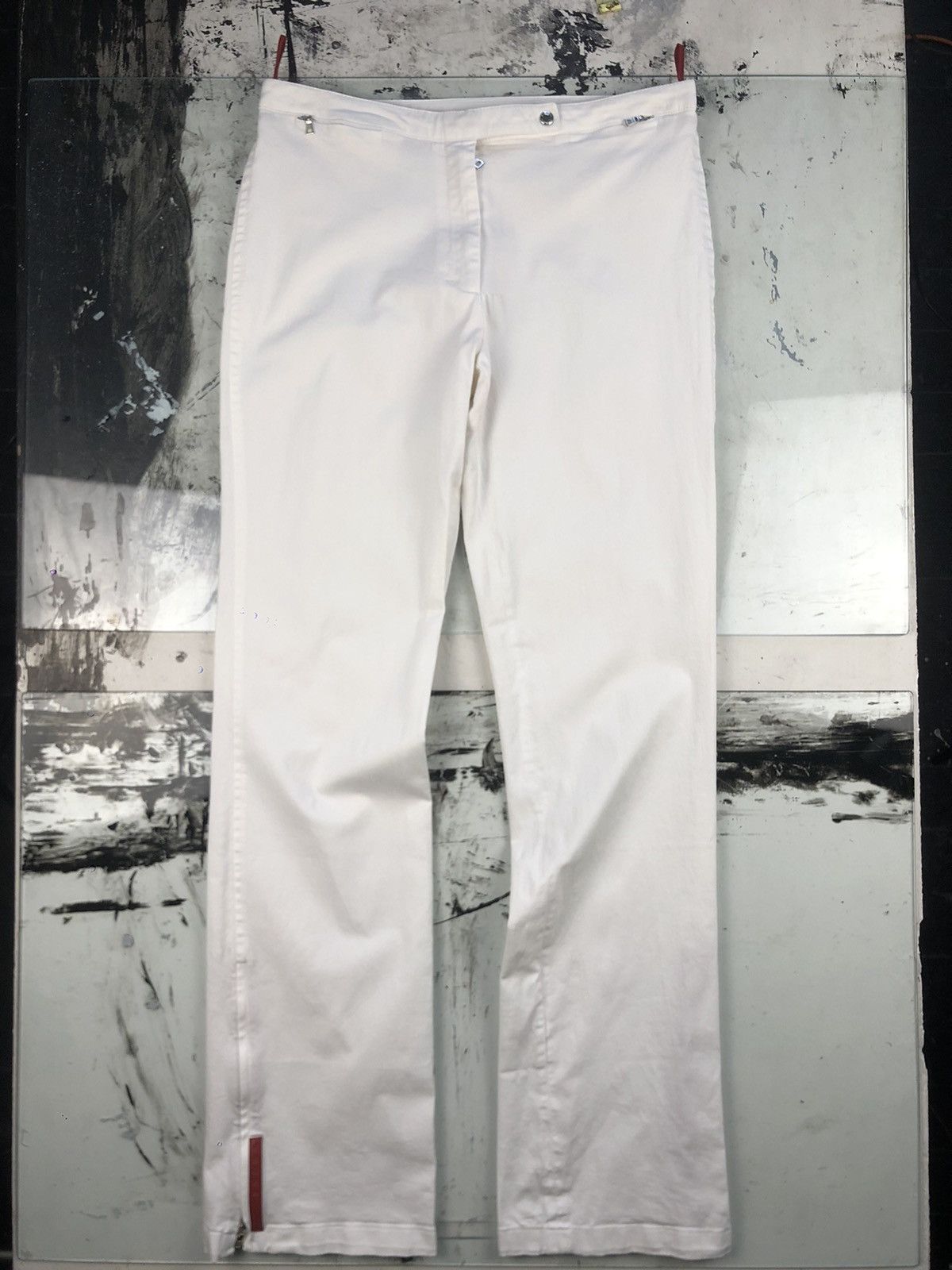 image of Prada Sport Linea Rossa Flared Zip Pant Stretch Trousers in White, Women's (Size 30)