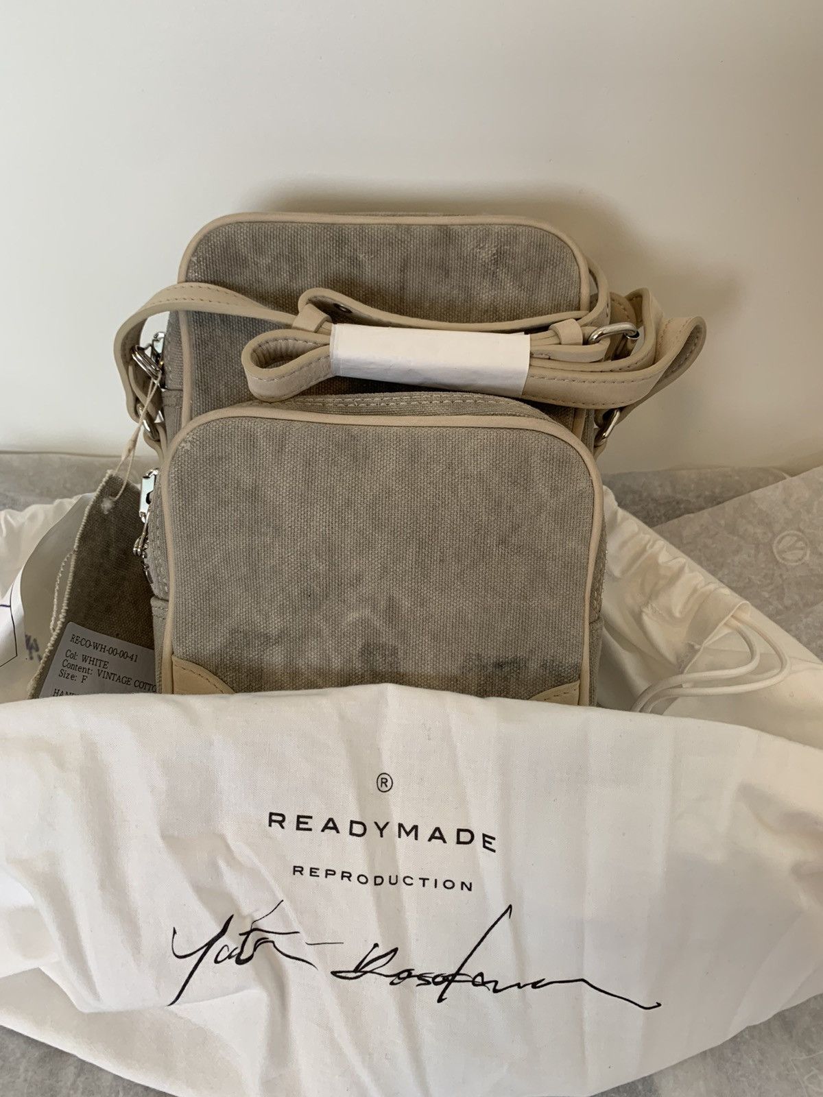 image of Readymade White Canvas Shoulder Bag in Green, Men's