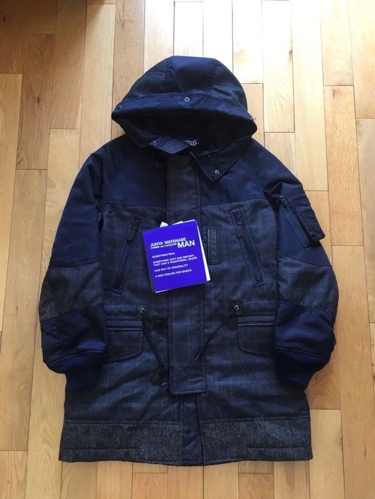 Comme des Garcons M Wool Check Nylon Twill Fur Hooded Coat Parka Navy Burgundy Size US M / EU 48-50 / 2 - 2 Thumbnail