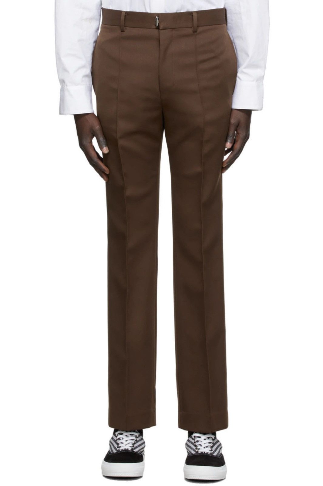 image of Wooyoungmi 48 Brown Satin Wide Straight Classic Trousers Pants Logo in Brown Mud, Men's (Size 32)