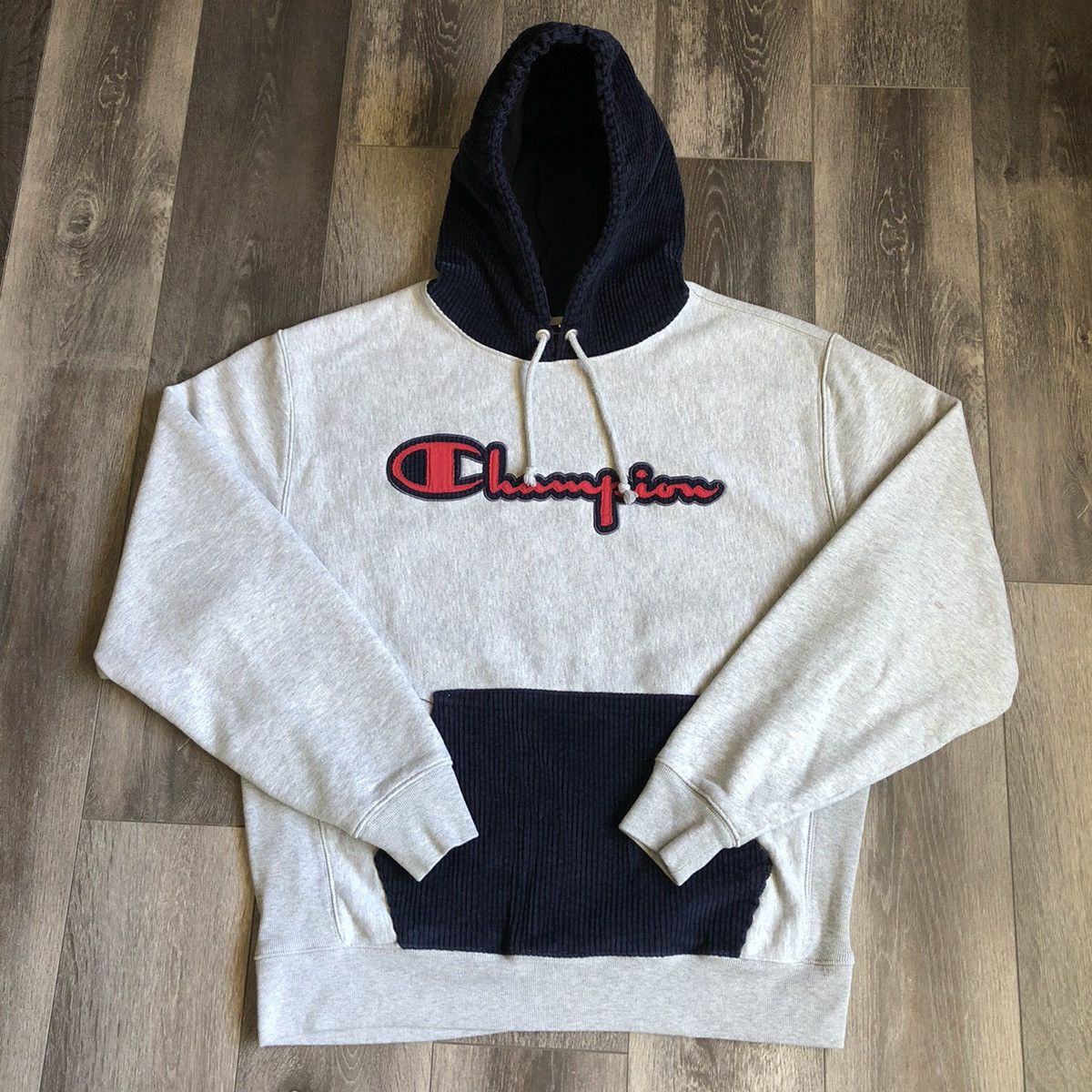 Champion Streetwear Vintage Vintage Champion Reverse Weave And Corduroy Logo Hoodie Grey Grailed