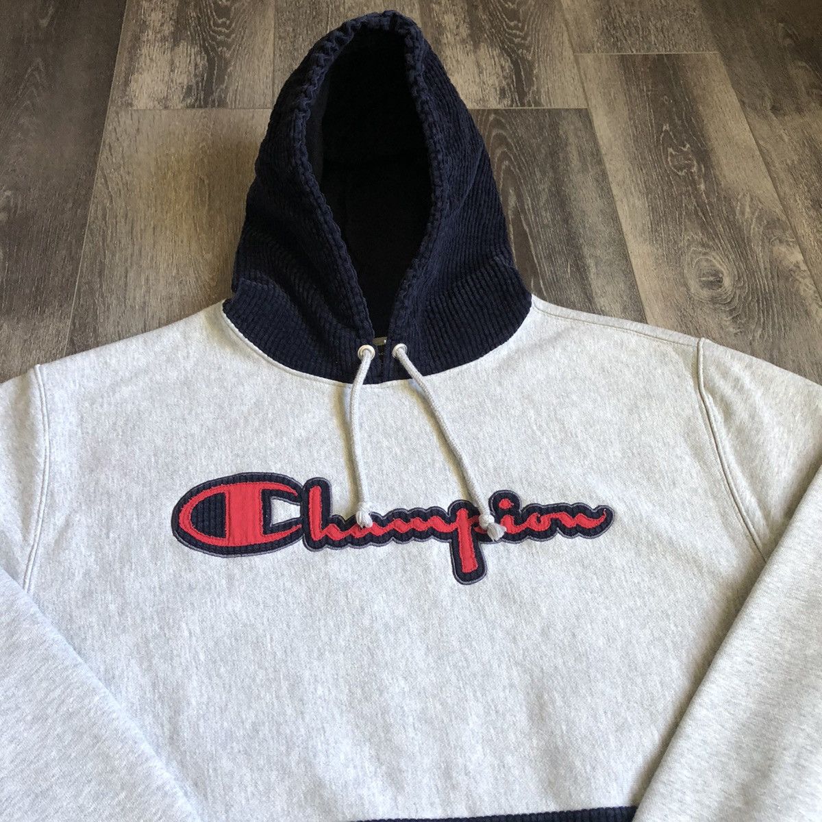 Champion Vintage Champion Reverse Weave And Corduroy Logo Hoodie Grey Size US L / EU 52-54 / 3 - 2 Thumbnail