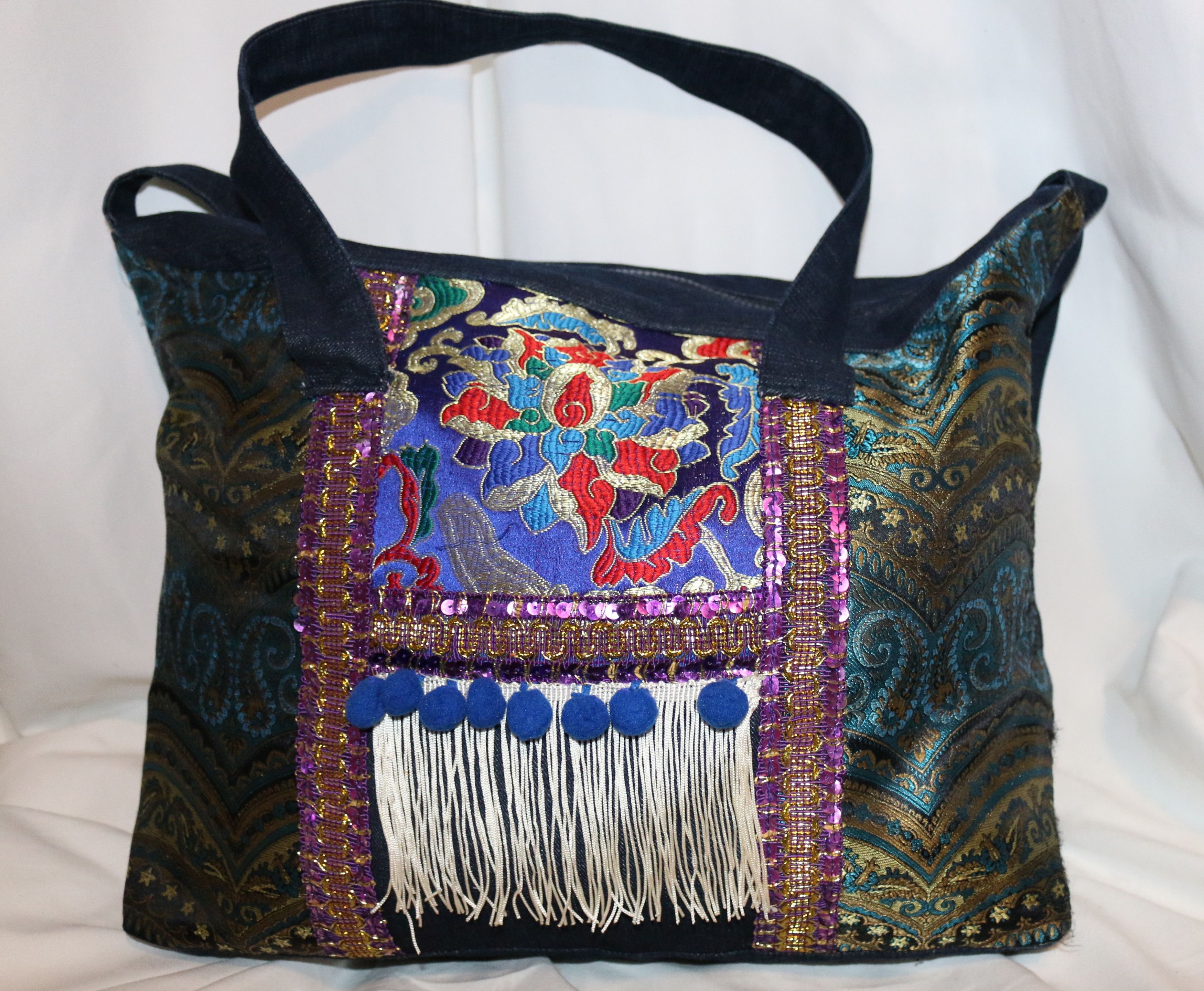 Denim Bag Ethnic Embroidery Travel Carry On Weekender Tote