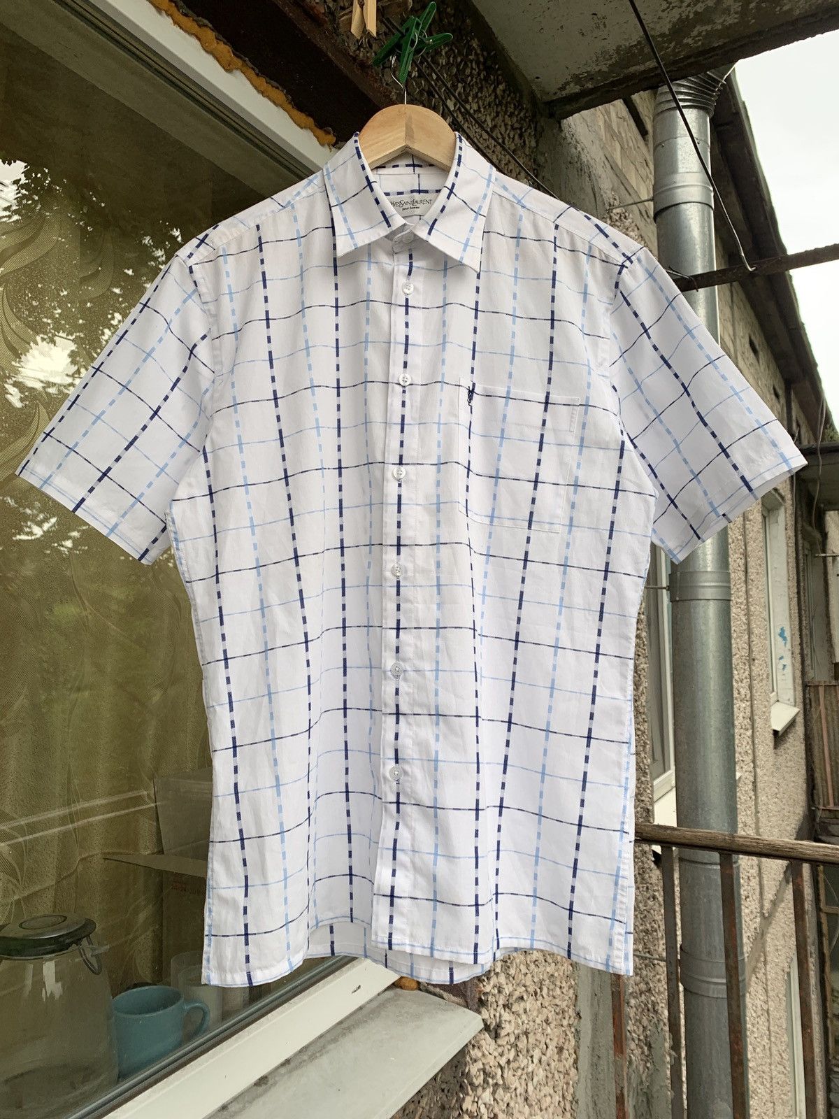 Vintage Vintage Yves Saint Laurent White Striped Short Sleeve Shirt Size US M / EU 48-50 / 2 - 2 Thumbnail