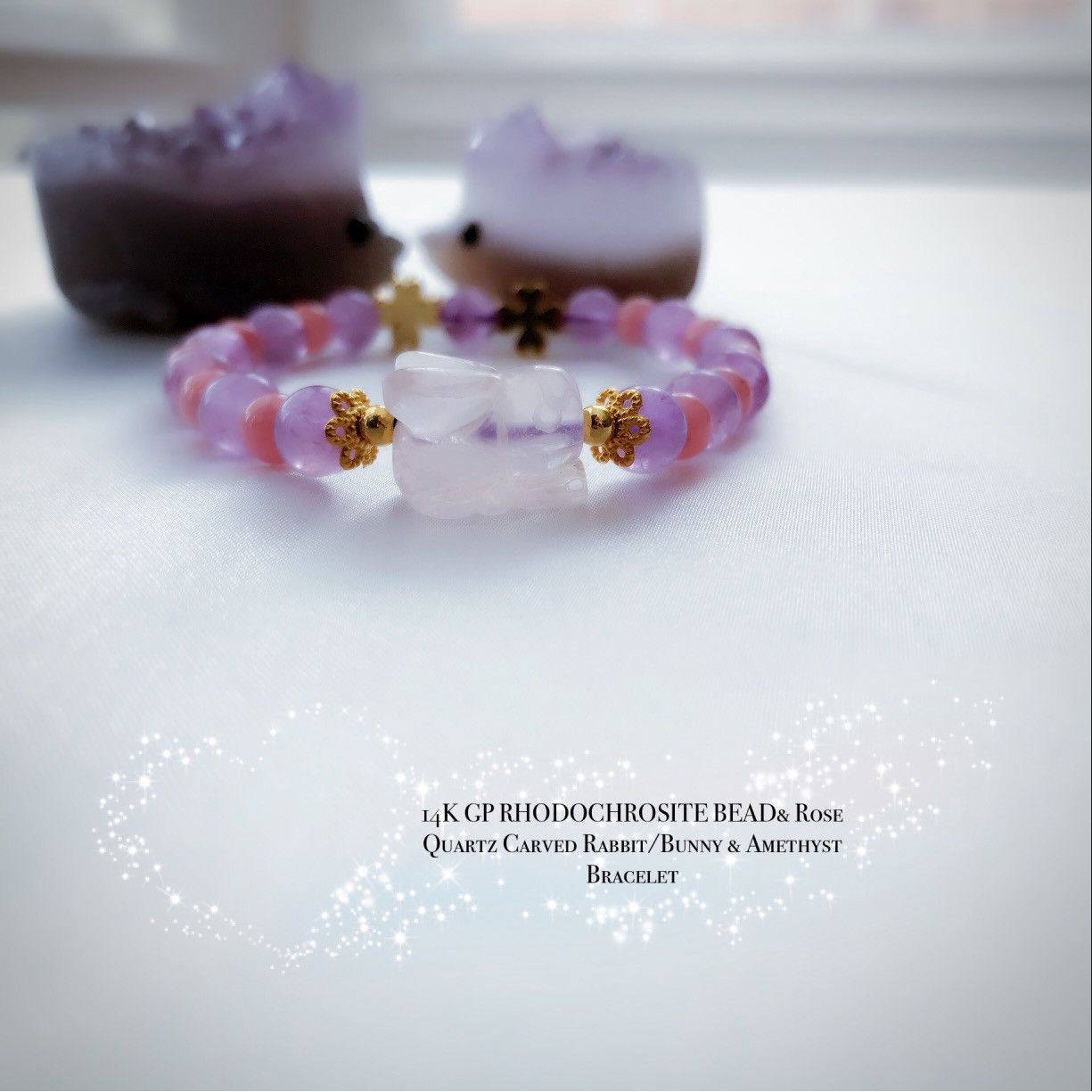 RHODOCHROSITE Rose Carved Rabbit/Bunny & Amethyst Bracelet