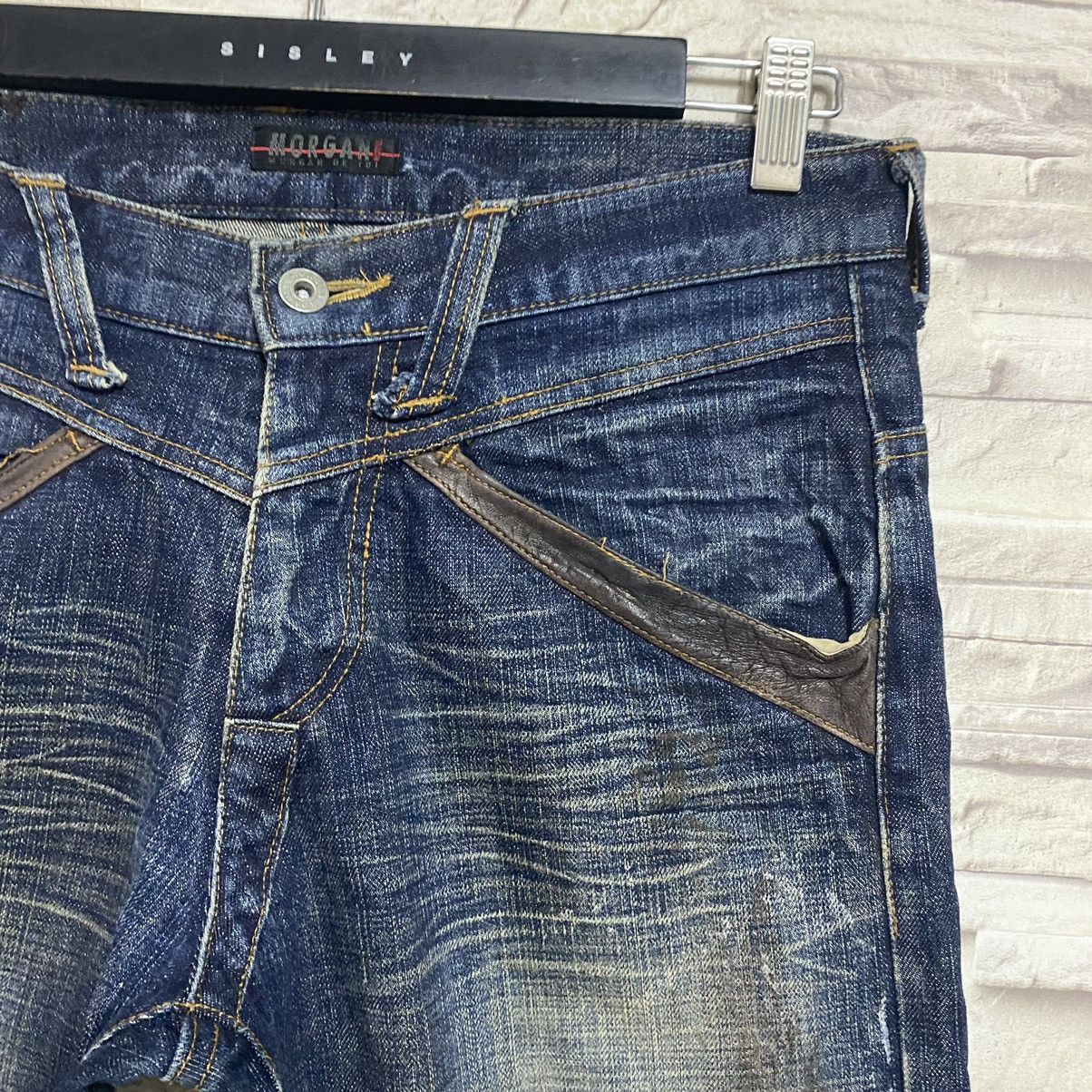 Morgan Homme MORGAN HOMME Leather Trimmed Denim Patchwork Jeans Size US 31 - 8 Thumbnail