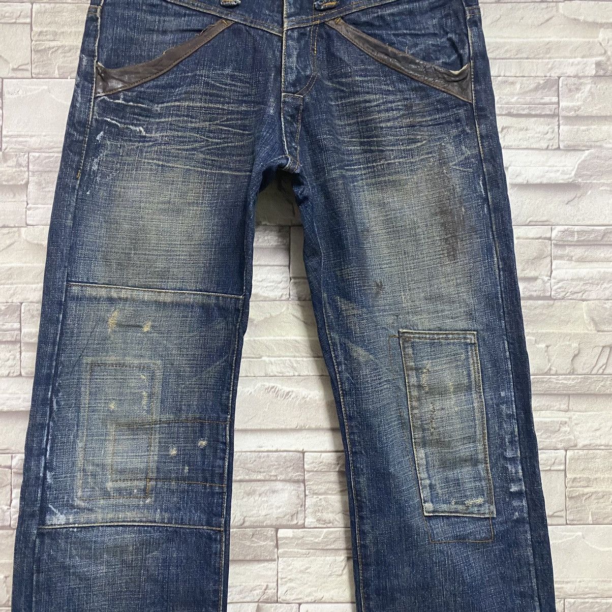 Morgan Homme MORGAN HOMME Leather Trimmed Denim Patchwork Jeans Size US 31 - 6 Thumbnail