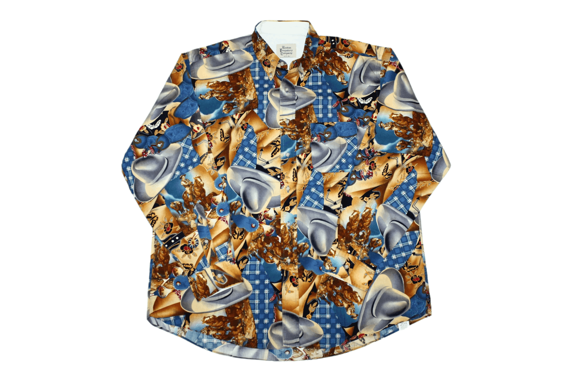 💥 VTG 90s Boston Prepatory Co. Southwest Cowboy Print Shirt