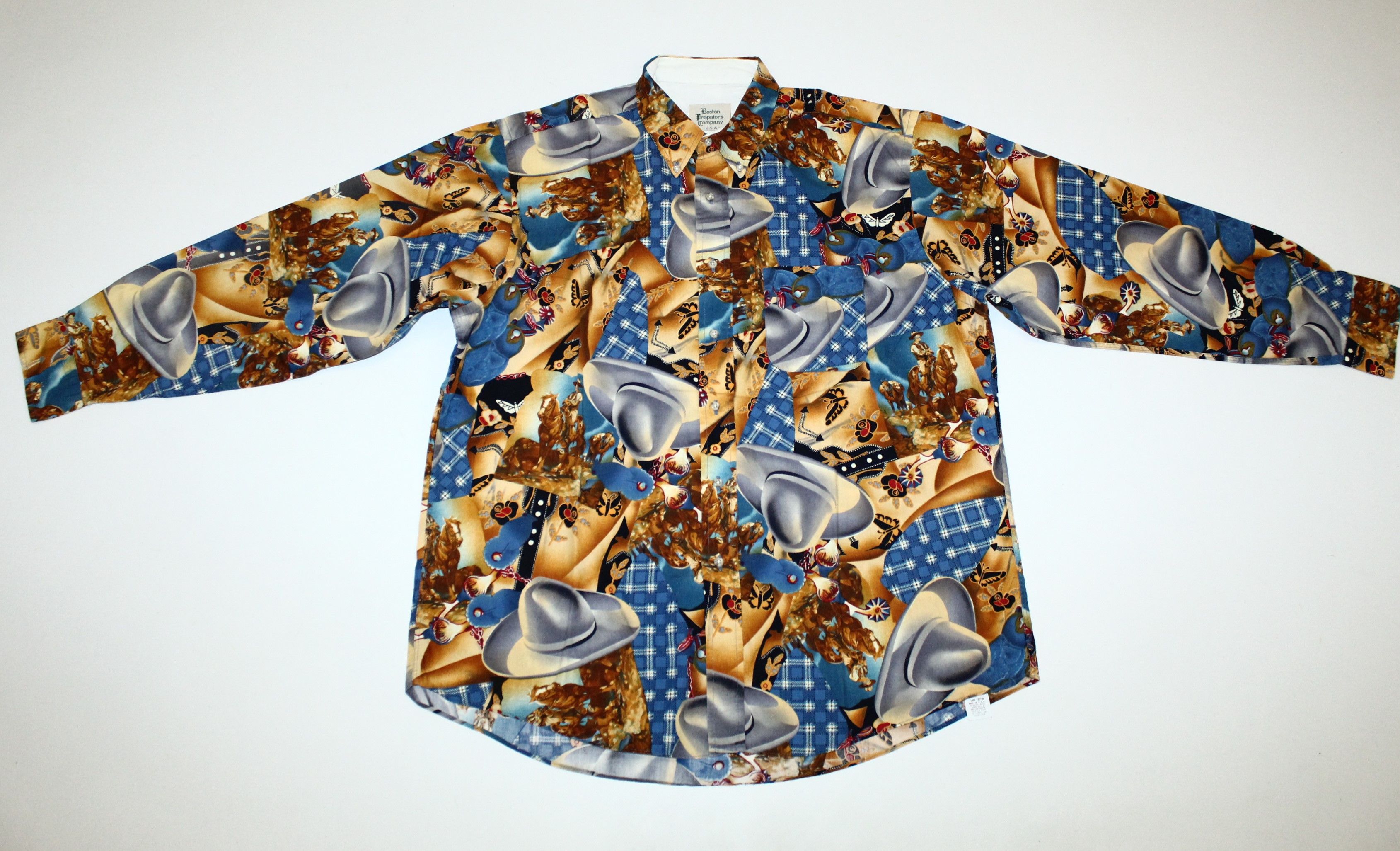 💥 VTG 90s Boston Prepatory Co. Southwest Cowboy Print Shirt