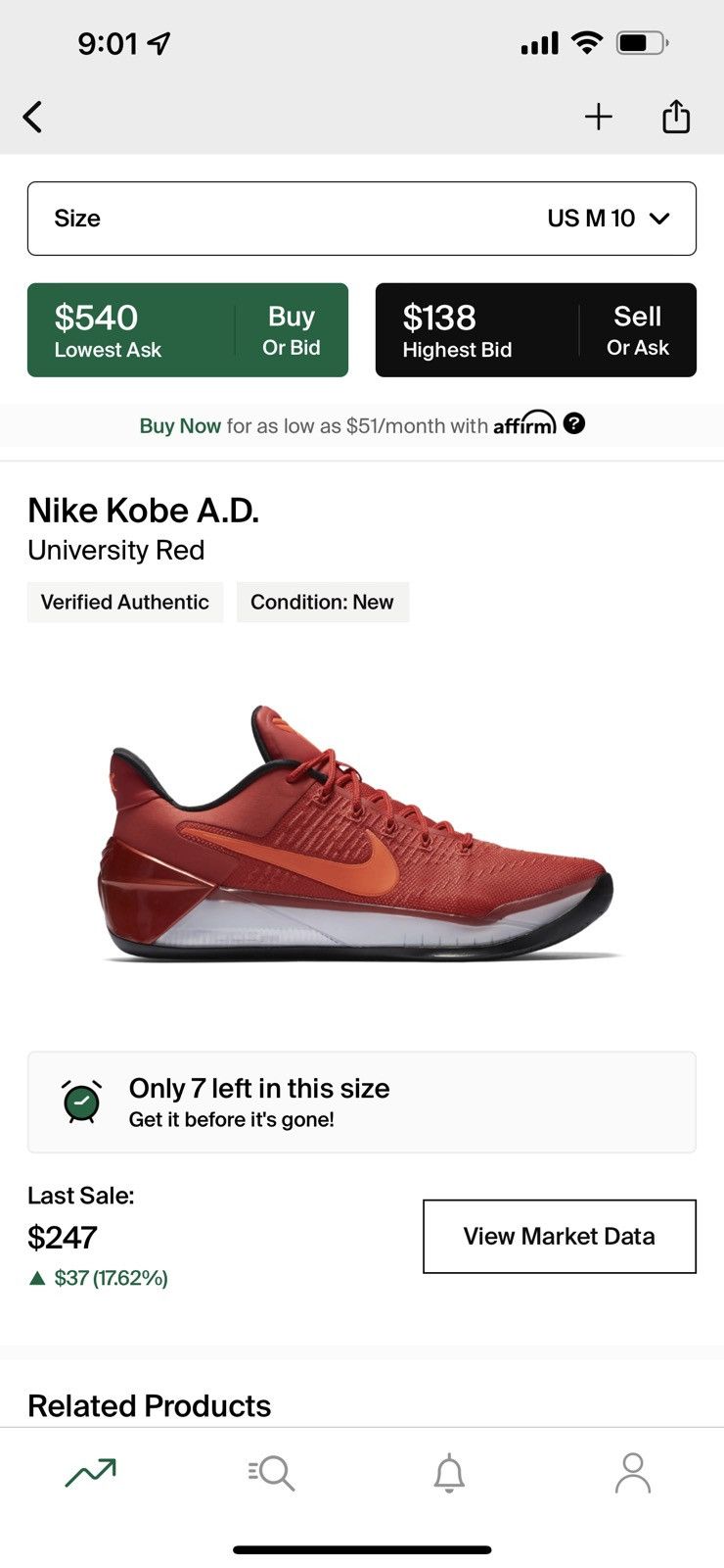 Nike University Red Nike Kobe A.D. Size US 10 / EU 43 - 10 Thumbnail