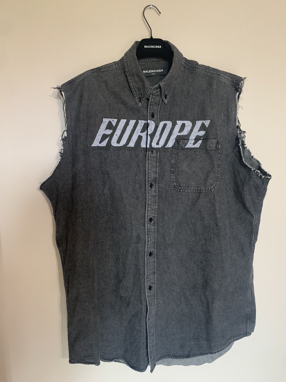 image of Balenciaga “Europe” Sleeveless Distressed Denim Shirt in Washed Black, Men's (Size XL)