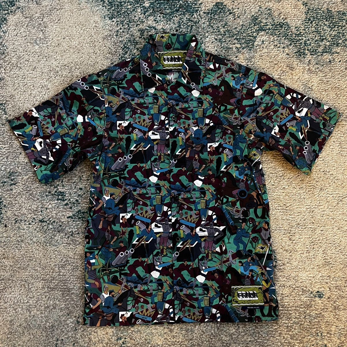 image of Prada Revolution Print Bowling Shirt in Green, Men's (Size XS)