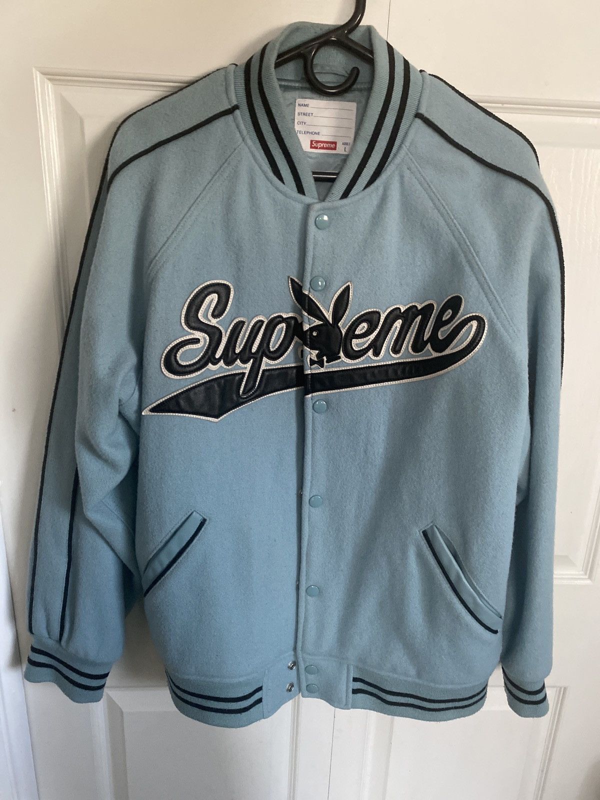 Supreme Supreme x Playboy Varsity Jacket “Dusty Blue” | Grailed