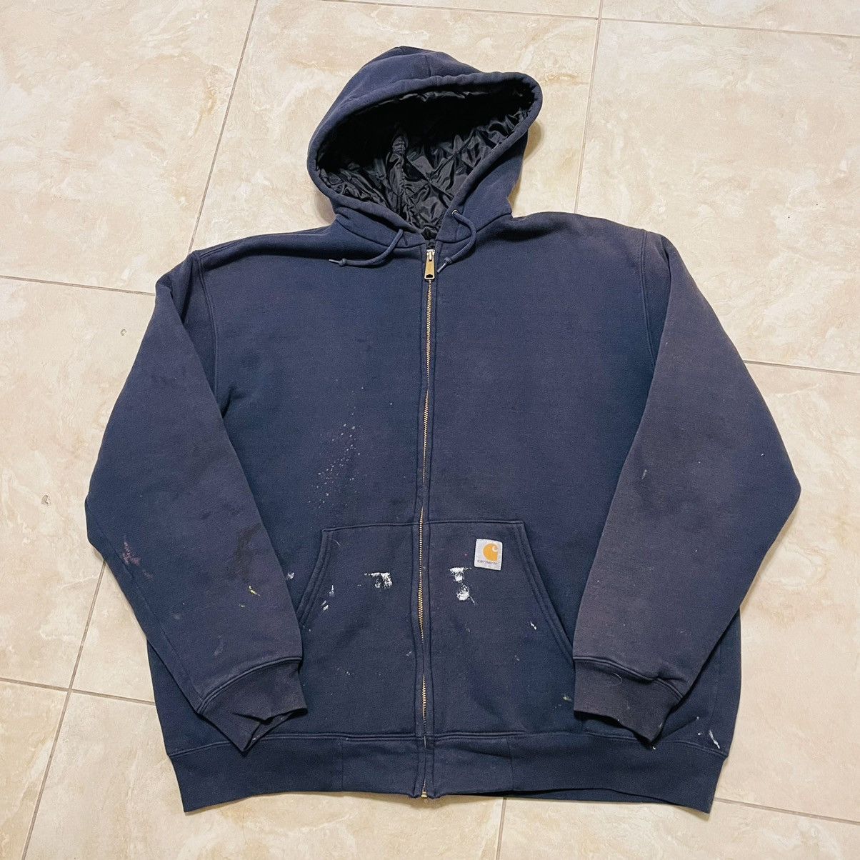 Carhartt × Vintage VINTAGE CARHARTT NAVY PAINT STAIN HOODIE! Size US XL / EU 56 / 4 - 1 Thumbnail