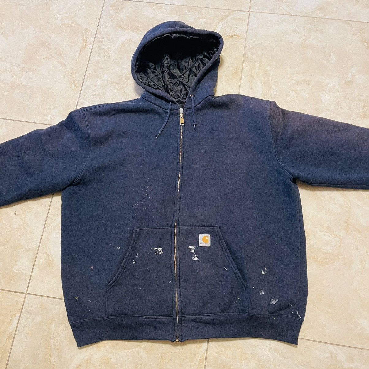 Carhartt × Vintage VINTAGE CARHARTT NAVY PAINT STAIN HOODIE! Size US XL / EU 56 / 4 - 2 Thumbnail
