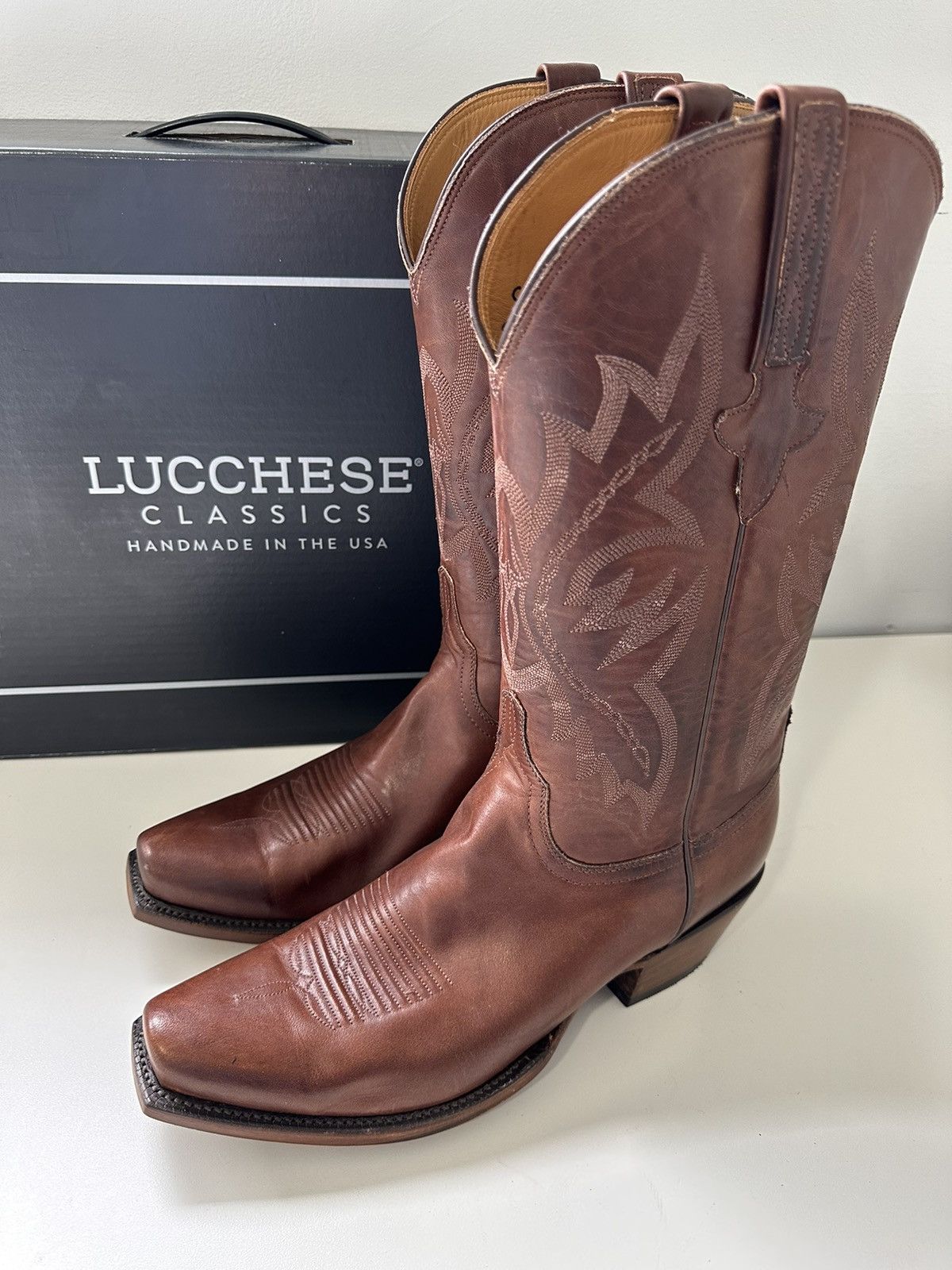 Bottes De Cowboy Vintage Lucchese En Cuir Marron - Taille 9.5 D, Fabriqué USA | Occasion Très Bon État
