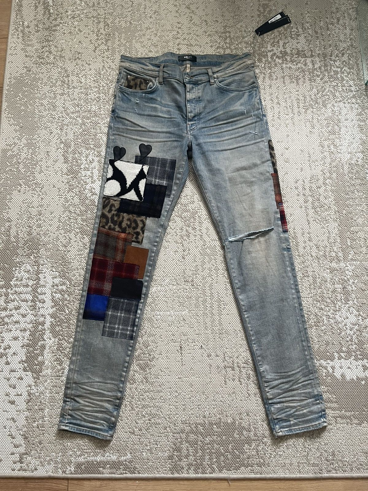 AMIRI Artpatch Jeans Skinny Pantalon Avec Cuir Patchwork Applications