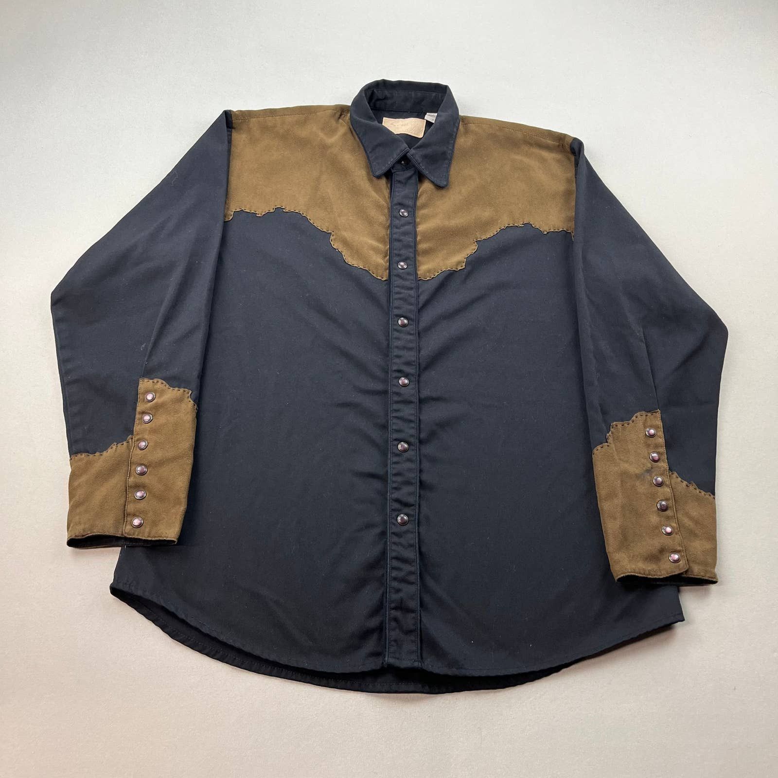 Scully Western Shirt Medium Black Brown Pearl Snap Cowboy