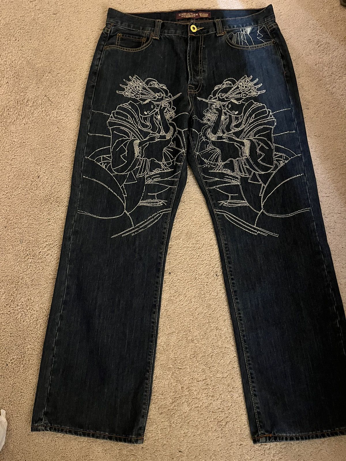 Christian Audigier Gold Embroidered Geisha Limited Edition 2024 Denim Jeans