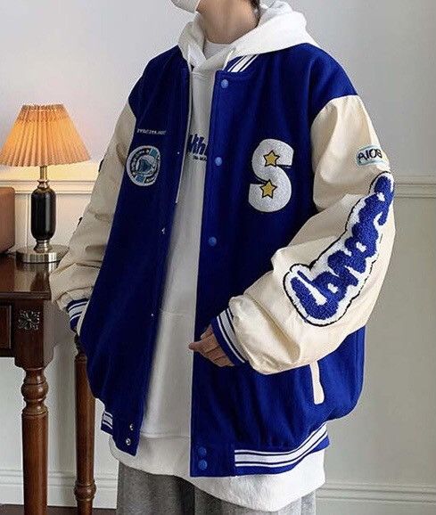 Blue y2k hip hop multi-patches varsity jacket