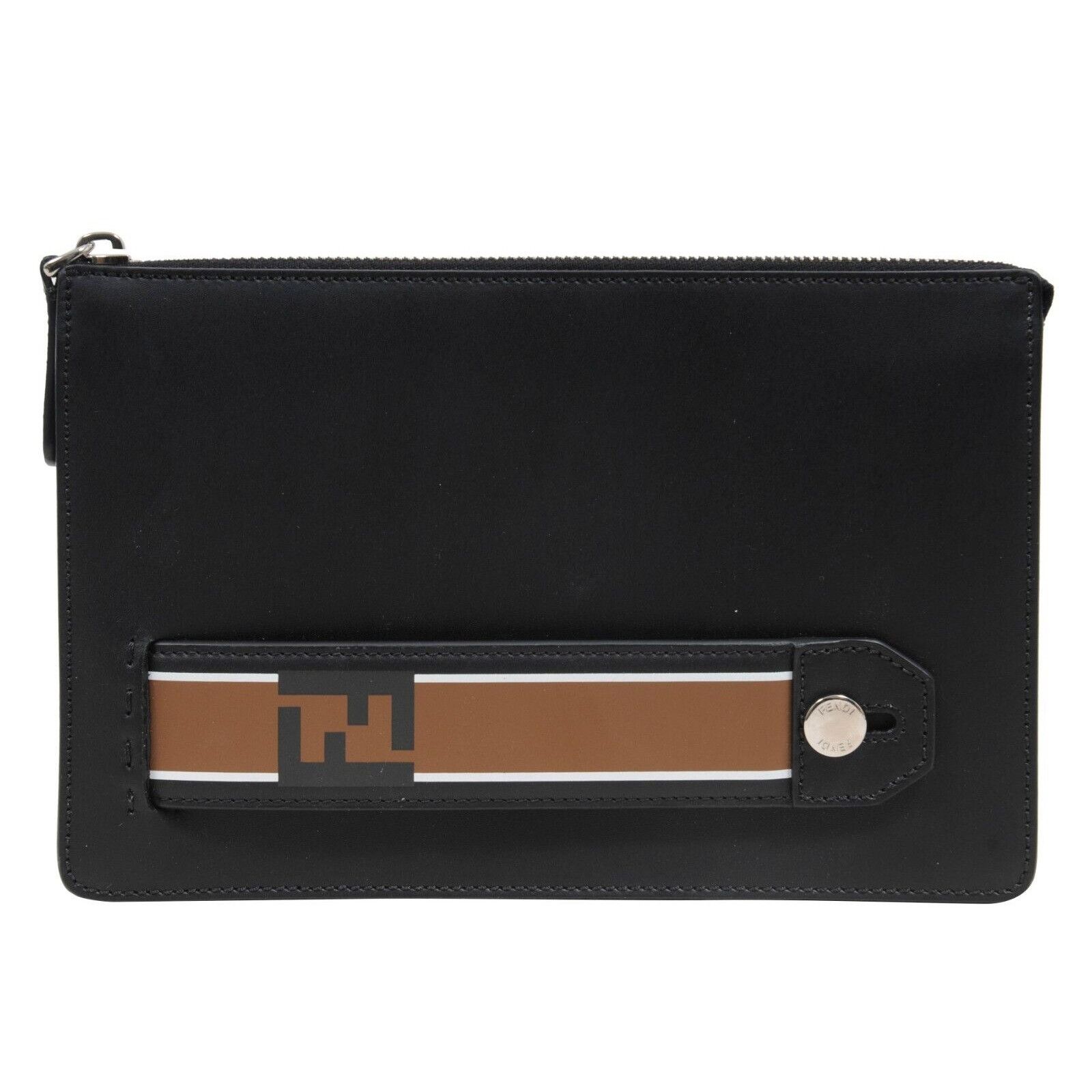 Fendi Pouch Black Leather Brown FF Logo Clutch Travel Bag Size ONE SIZE - 1 Thumbnail