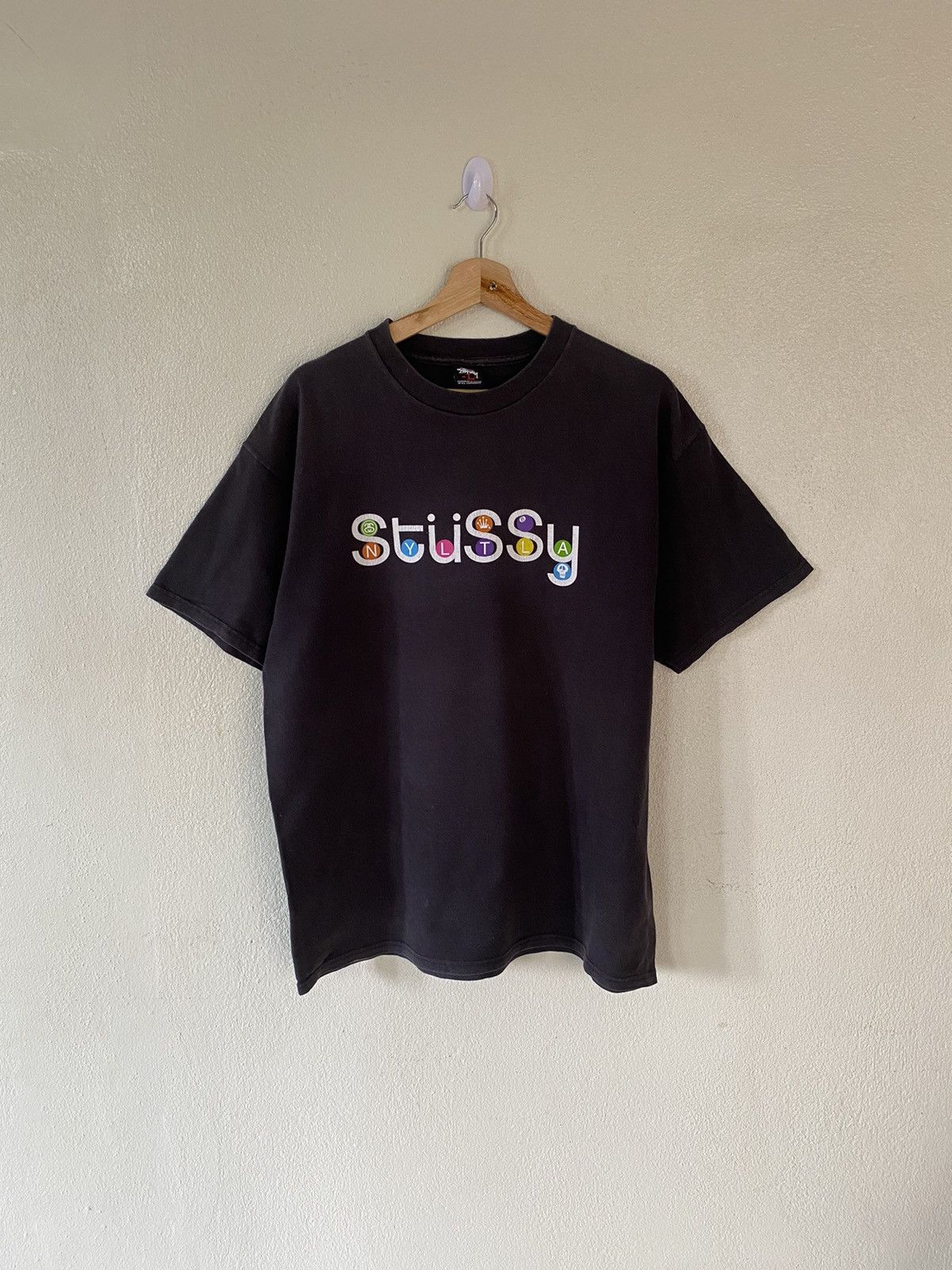 image of 80's Stussy Nyltla Skulls Logo Tee in Black, Men's (Size Large)