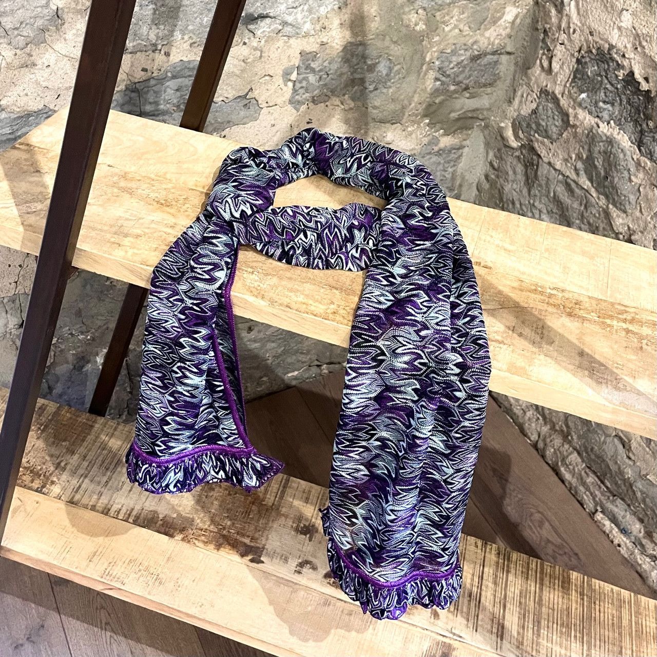 Missoni Missoni Deep Purple Turquoise Pattern Ruffle Scarf Size ONE SIZE - 1 Thumbnail