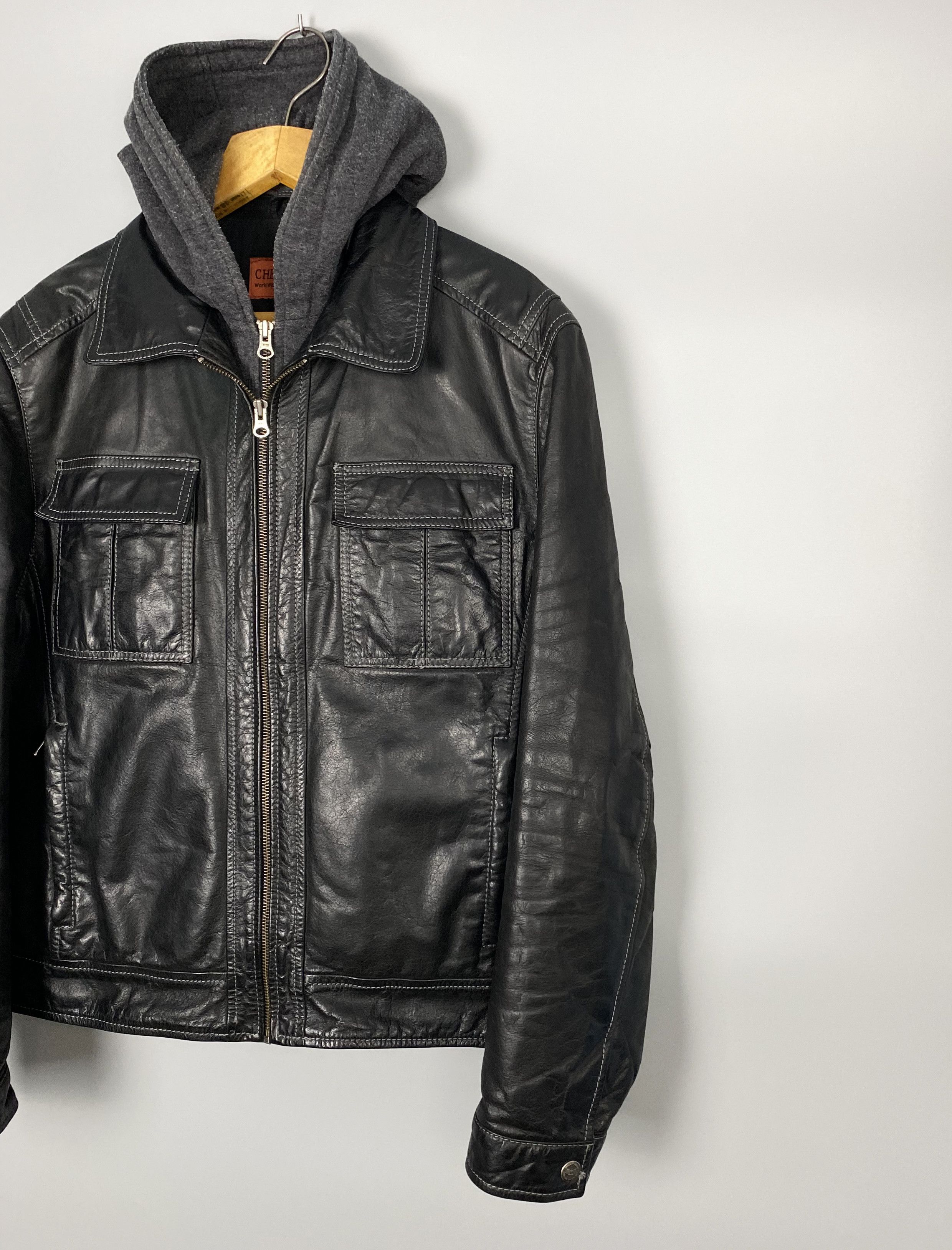 Vintage CHEVIREX Vintage Hooded Leather Jacket Size US M / EU 48-50 / 2 - 4 Thumbnail