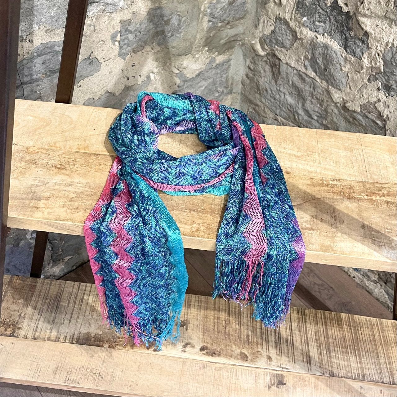 Missoni Missoni Turquoise Metallic Thread Zigzag Fringed Scarf Size ONE SIZE - 1 Thumbnail
