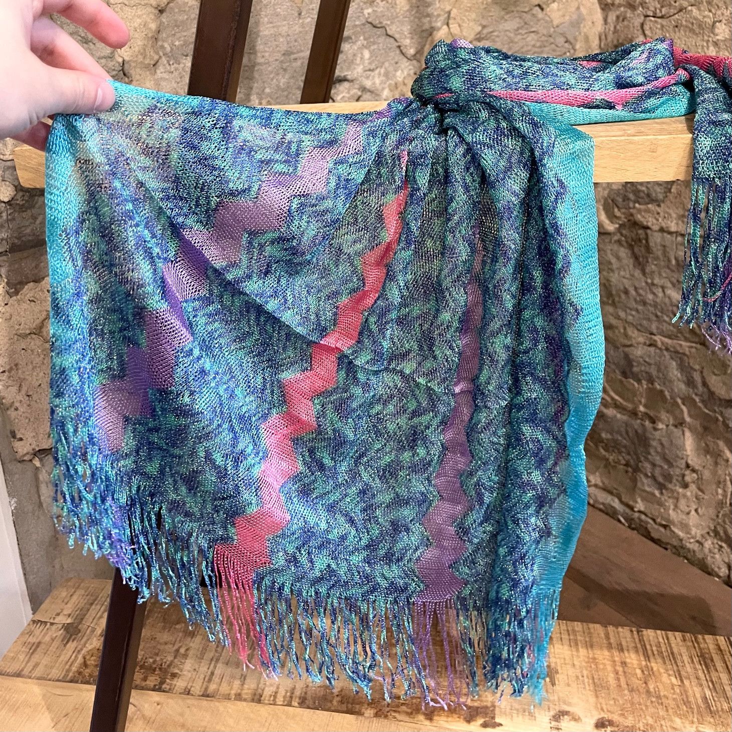 Missoni Missoni Turquoise Metallic Thread Zigzag Fringed Scarf Size ONE SIZE - 2 Thumbnail