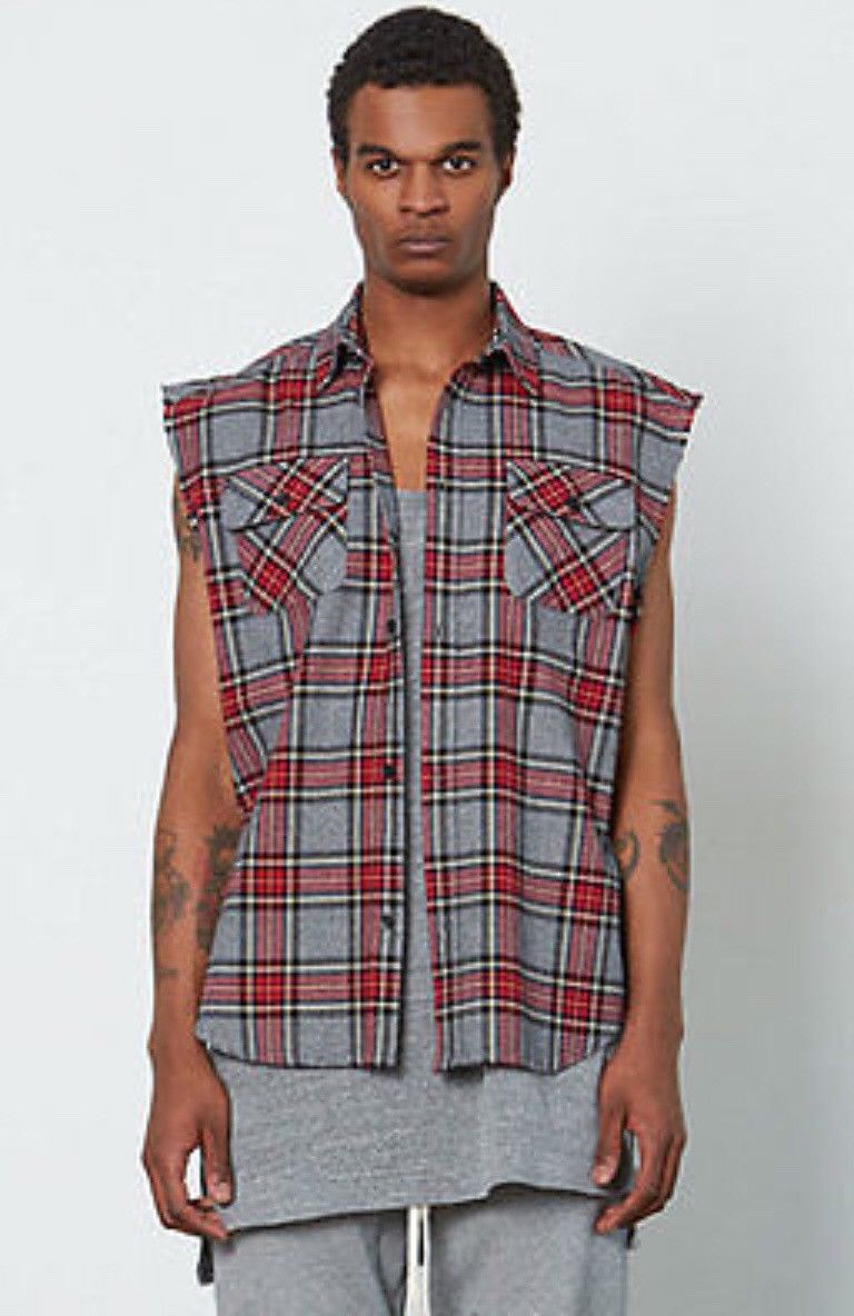 Pacsun PACSUN X FEAR OF GOD CUT OFF SLEEVELESS FLANNEL PLAID SHIRT GRAY  SIZE L COLLECTION TWO 2016-2017 | Grailed