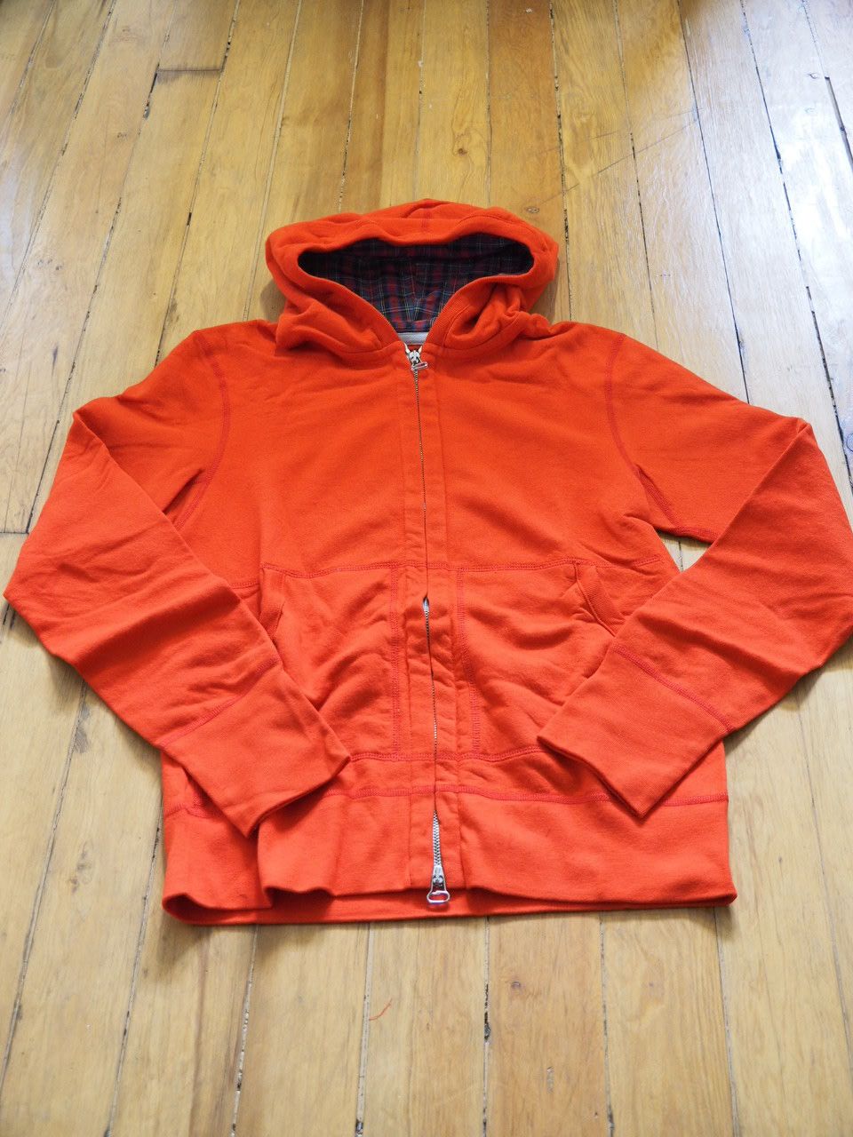 Wings + Horns Red Zip Hoodie with plaid hood lining