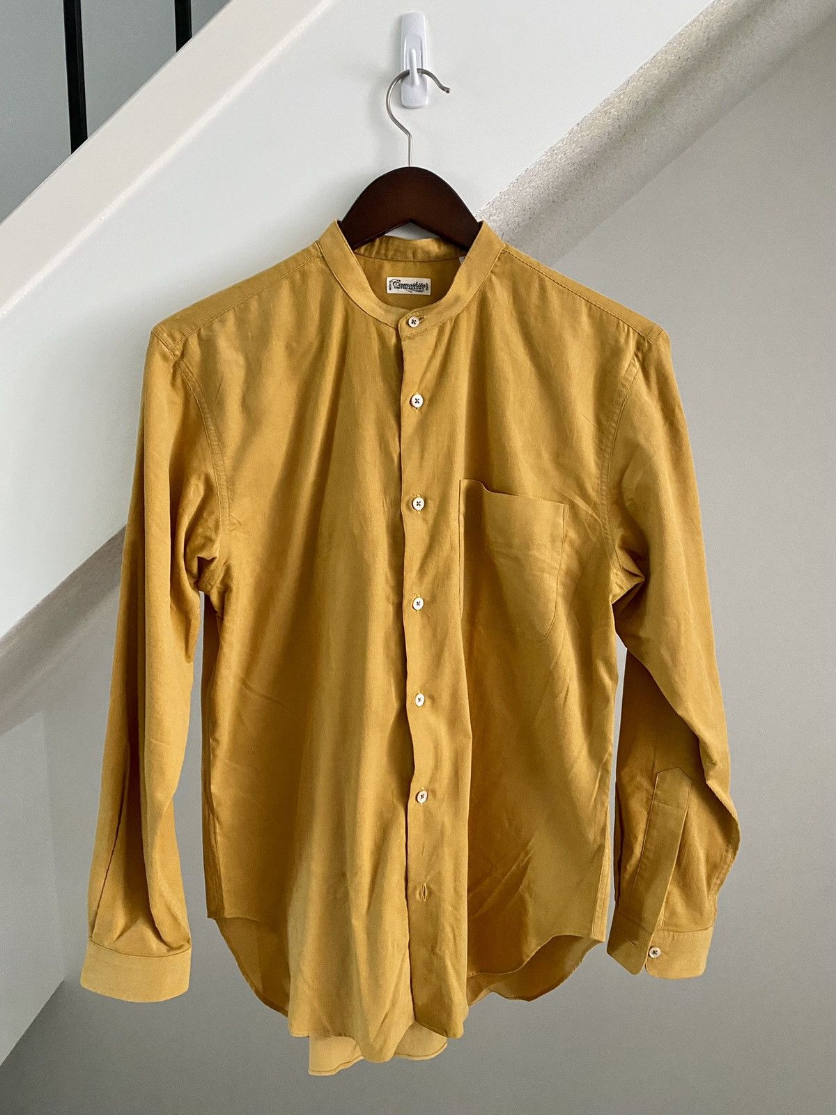 image of Camoshita Mandarin Collar Corduroy Shirt Size Small in Mustard, Men's