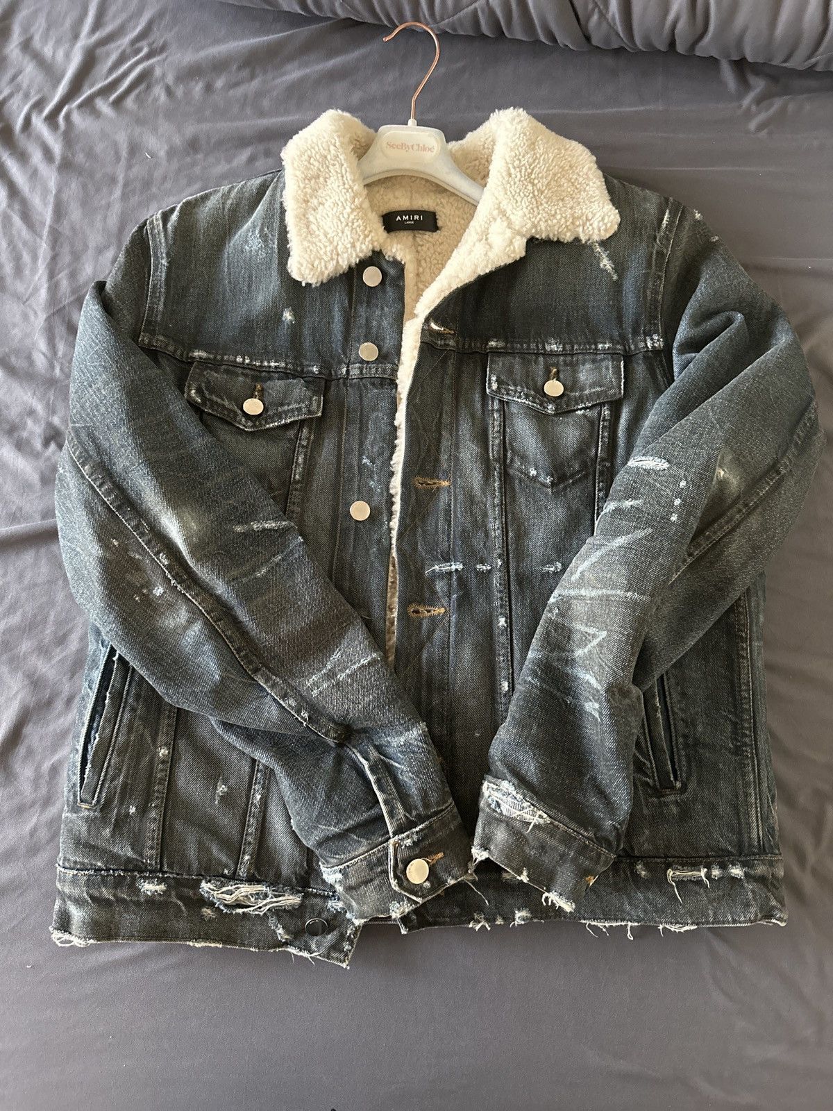 Amiri Amiri Shearling trucker denim jacket dirty indigo Size US L / EU 52-54 / 3 - 7 Thumbnail