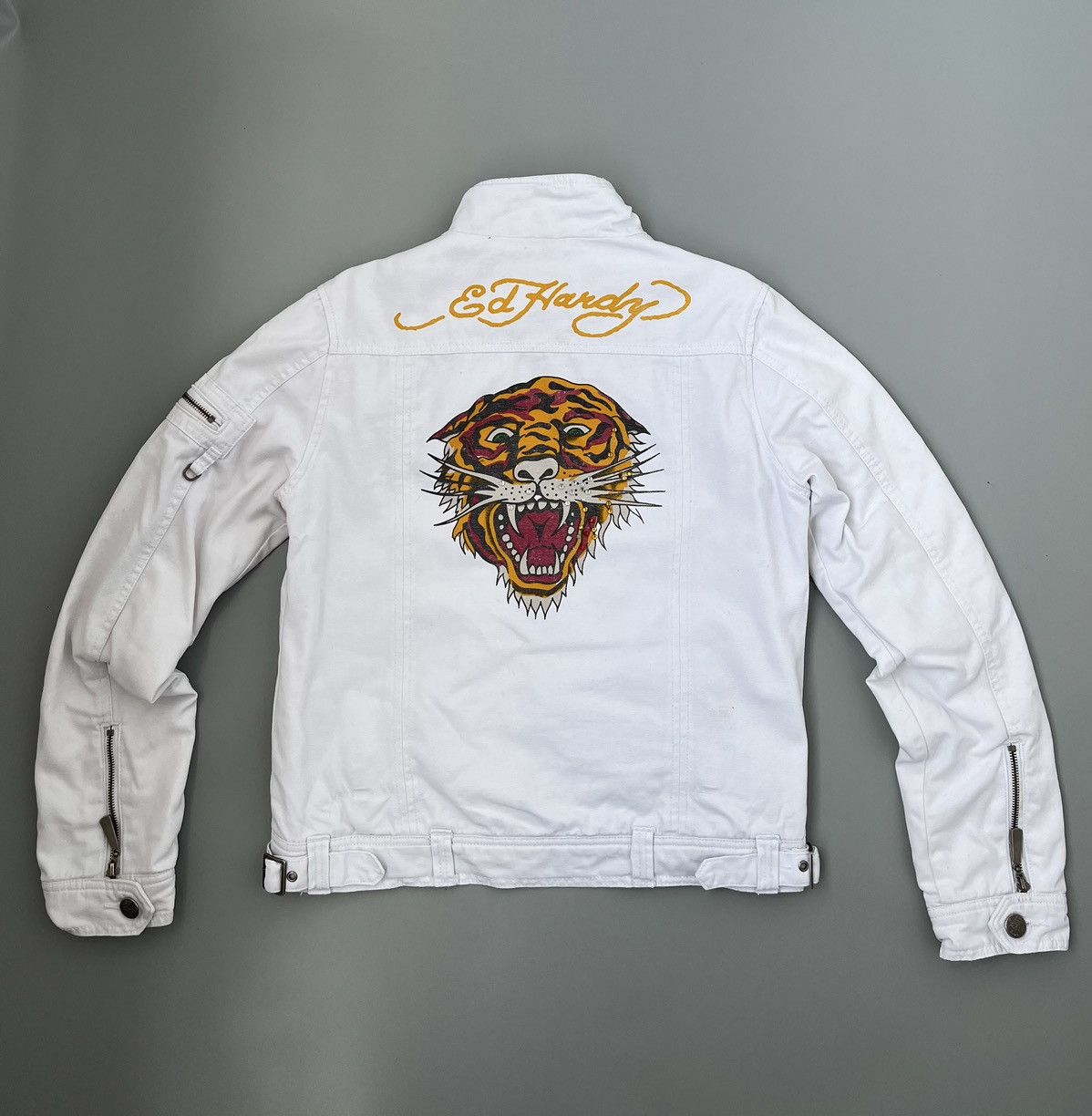 image of Ed Hardy Denim Jacket Big Logo Tiger in White, Women's (Size Medium)