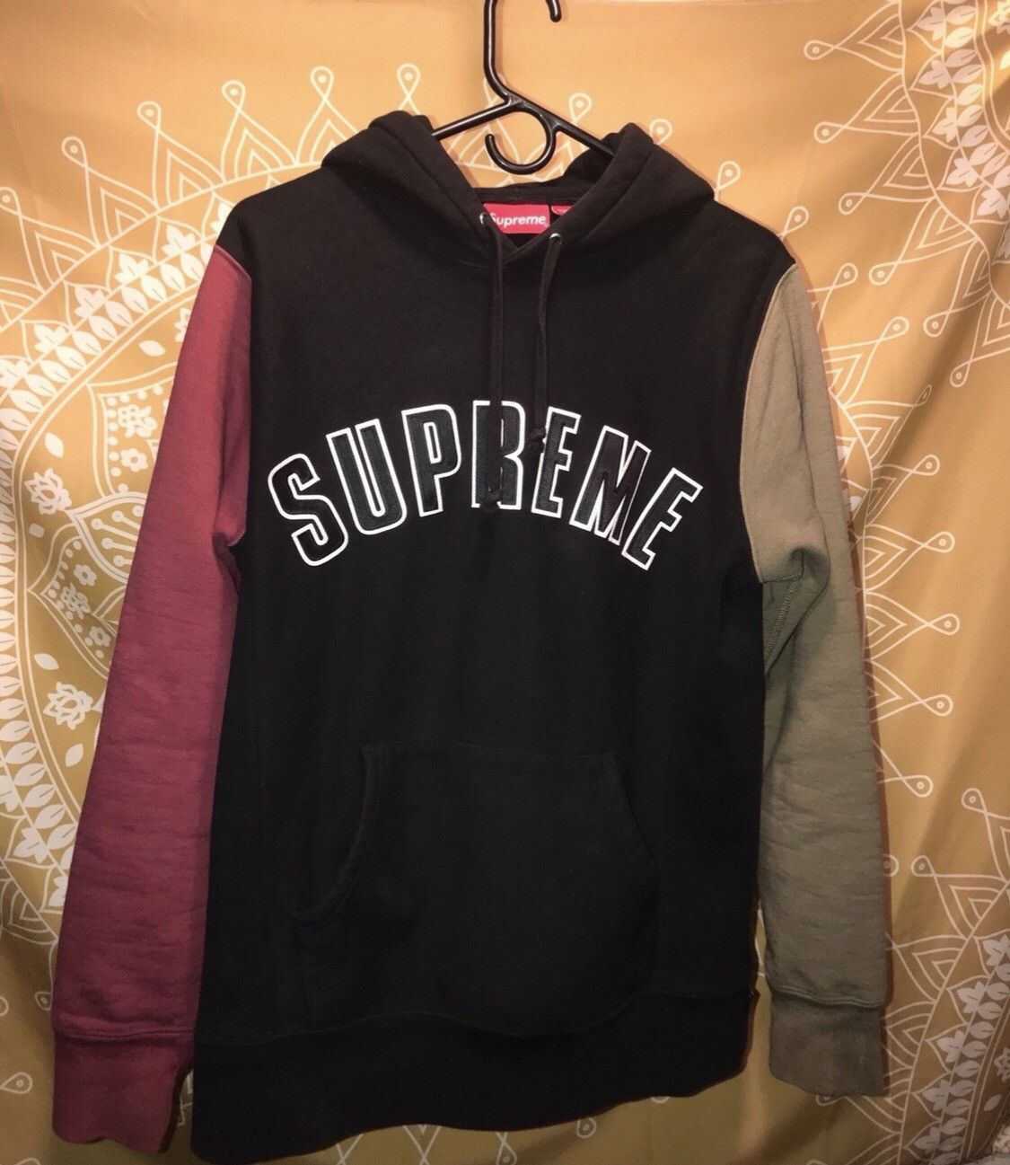 Supreme Color Block Arc Logo Hoodie Olive Green/Burgundy | Grailed