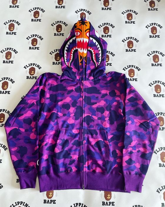 Color camo tiger shark full zip double on sale hoodie