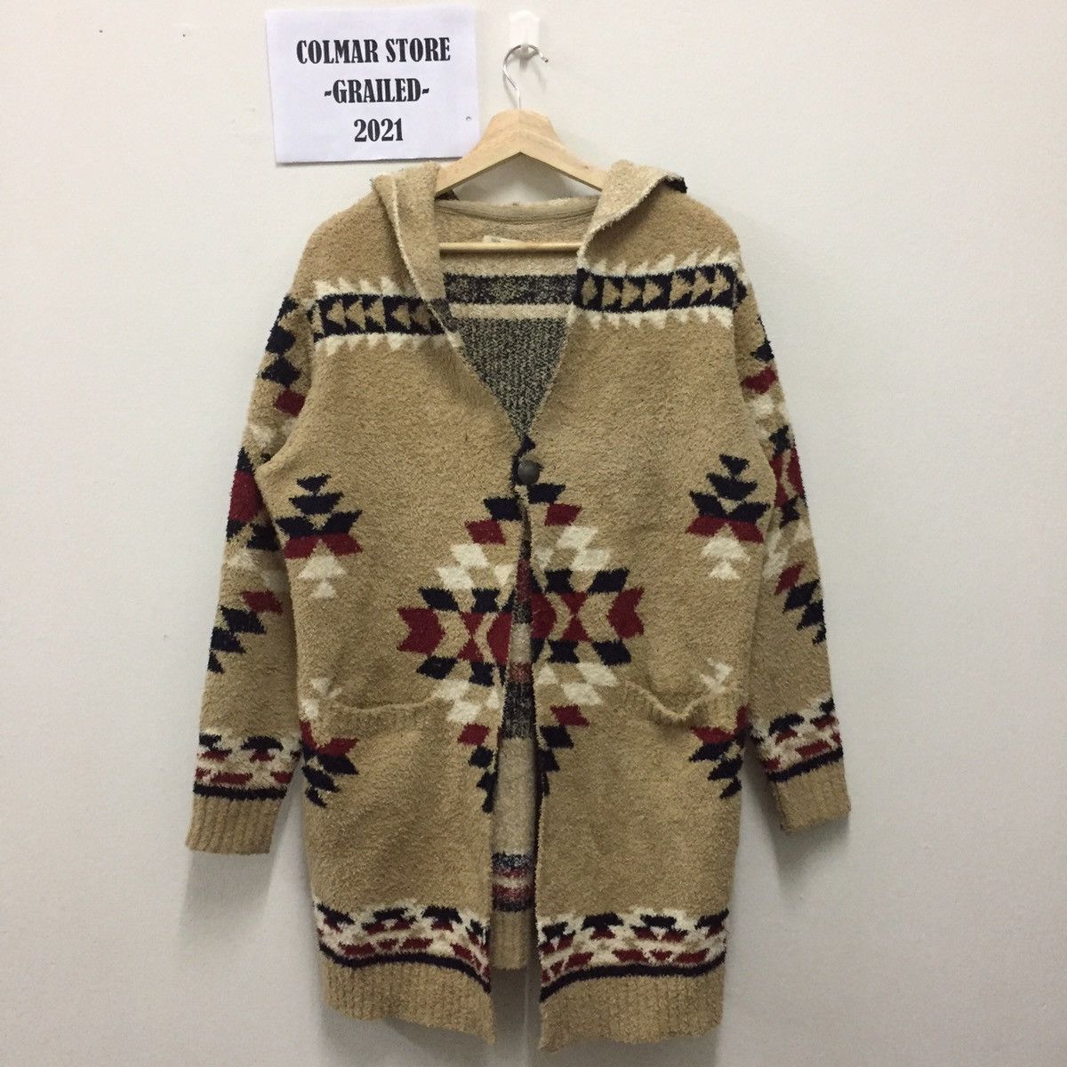 Aran Isles Knitwear Blue Standard Single Button Navajo Knit Cardigan Hoodies Size US XL / EU 56 / 4 - 1 Thumbnail