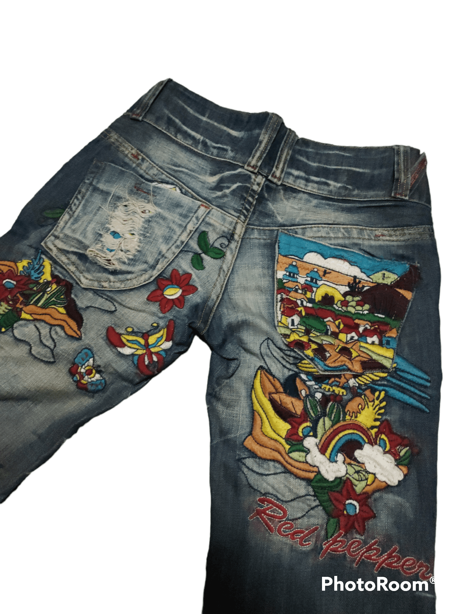 Japanese Brand Flare 🔥Red Pepper Embroided Distressed Jeans Size US 32 / EU 48 - 8 Thumbnail